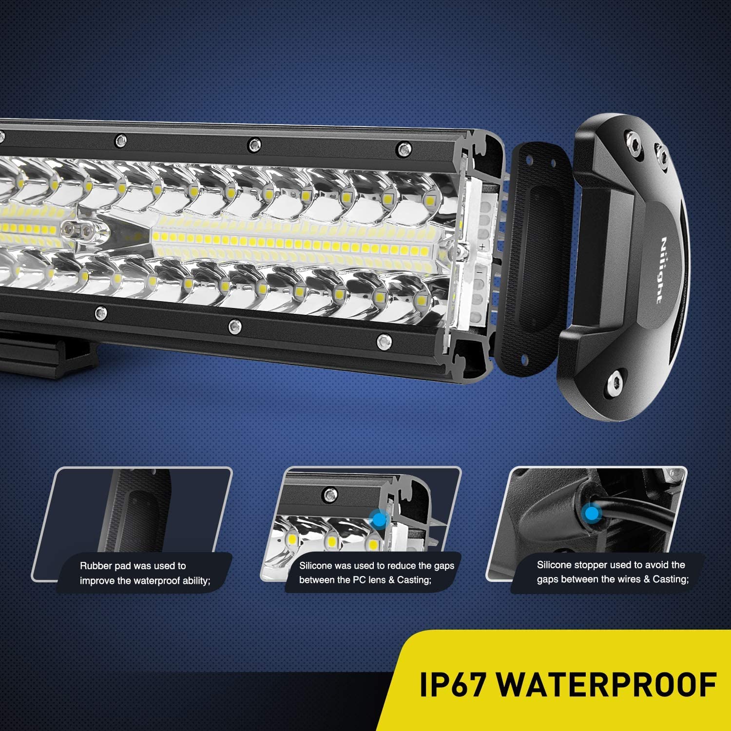 Nilight 12Inch 300W Triple Row LED Light Bar Combo, 30000LM, White, Aluminum, Model ZH322, Includes Wiring Harness and Rocker Switch