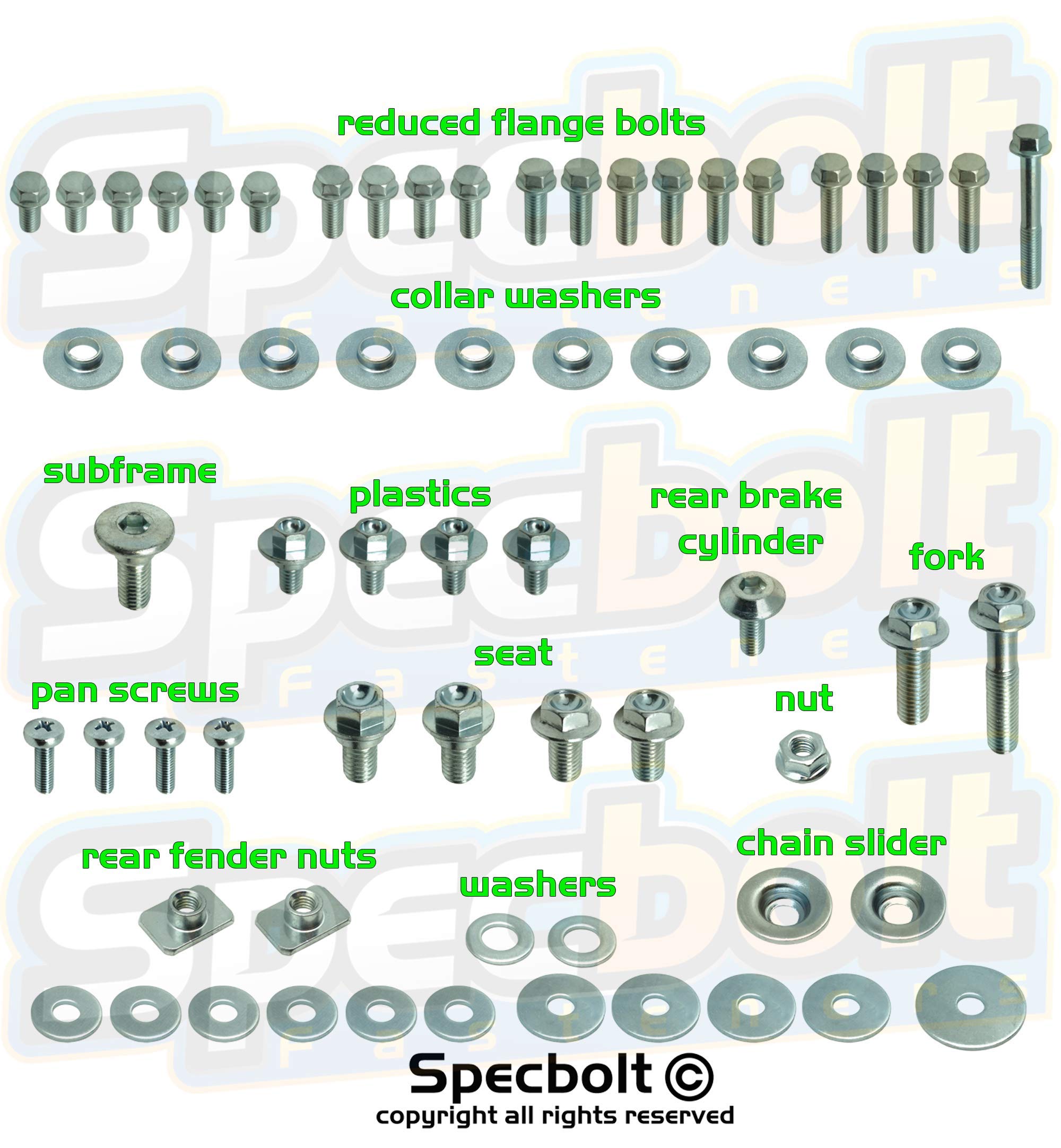 Specbolt Fasteners Kawasaki Spec-Pak | KX KXF KLX KLR KDX 80 85 125 250 450 500(1996-current) Model Series Factory Match Fastene