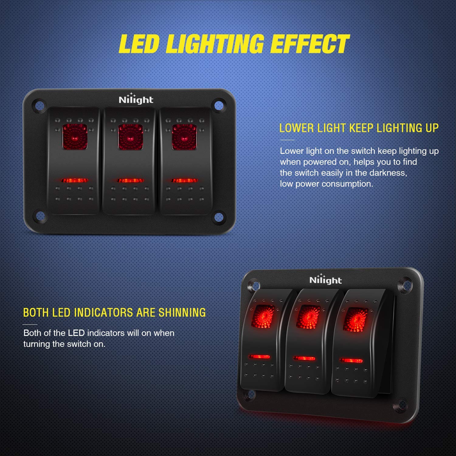 Nilight - 90019C 3 Gang Aluminum Rocker Switch Panel Toggle Dash 5 Pin On/Off Pre-Wired Rocker Switch Red Backlit Switch For Aut