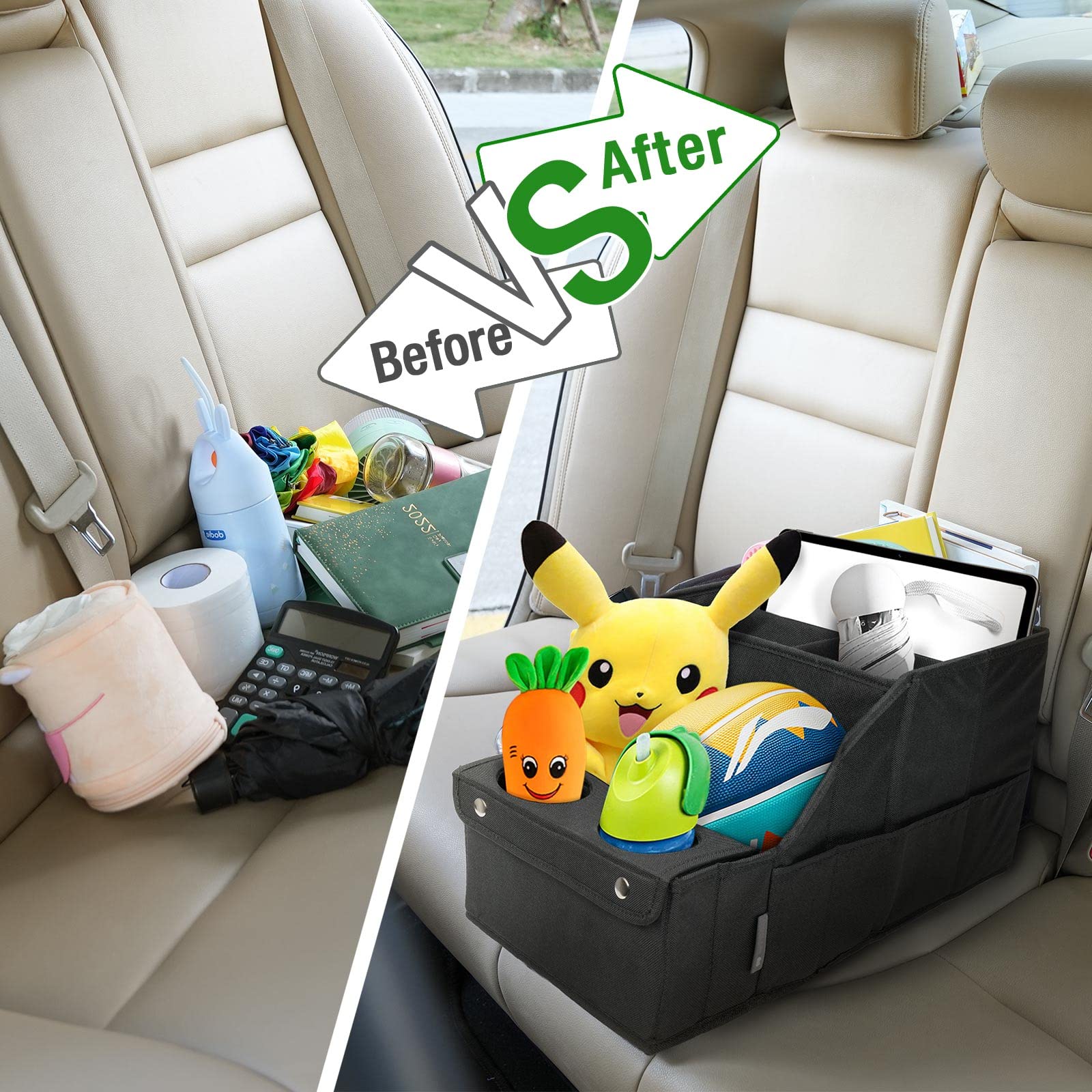 MULISOFT Car Seat Organizer - 11 Storage Compartments, 2 Cup Holders, L-Shape, Black, Model YXTO0001, Durable Material