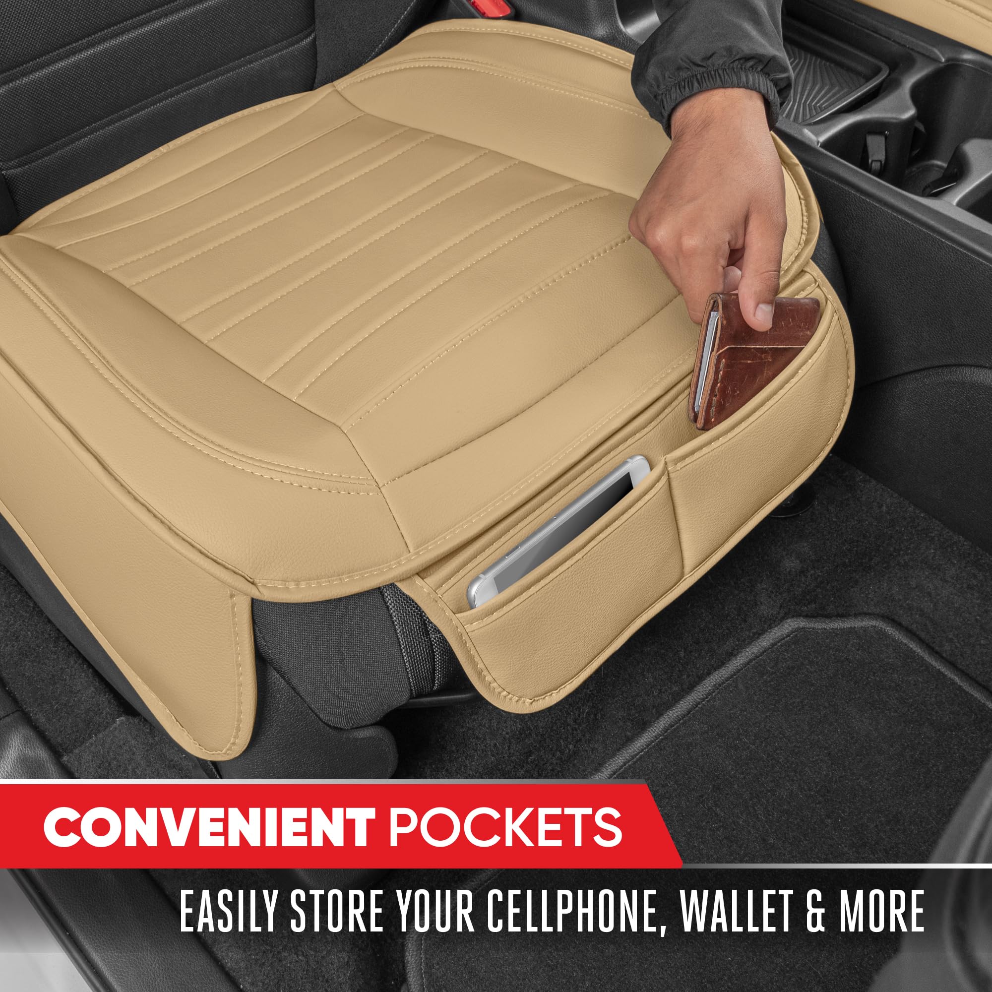 Motor Trend Seat Covers For Cars Trucks Suv, Faux Leather Beige Padded Seat Covers With Storage Pockets, Premium Interior Car Se