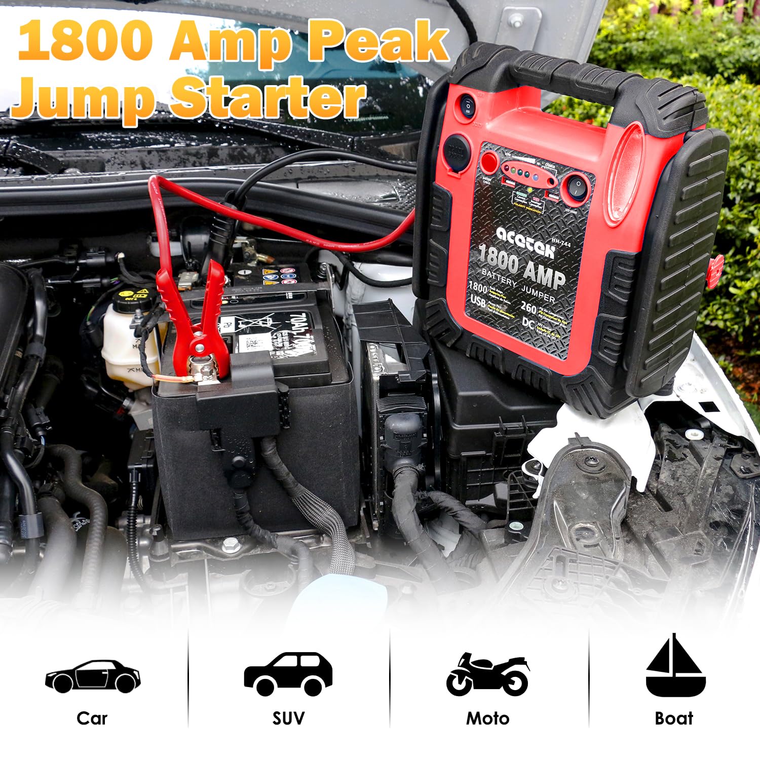 acetek 1800 Amp Jump Starter with Air Compressor & 260 PSI Tire Inflator, 20000mAh, LED Light, USB, Model HH-744