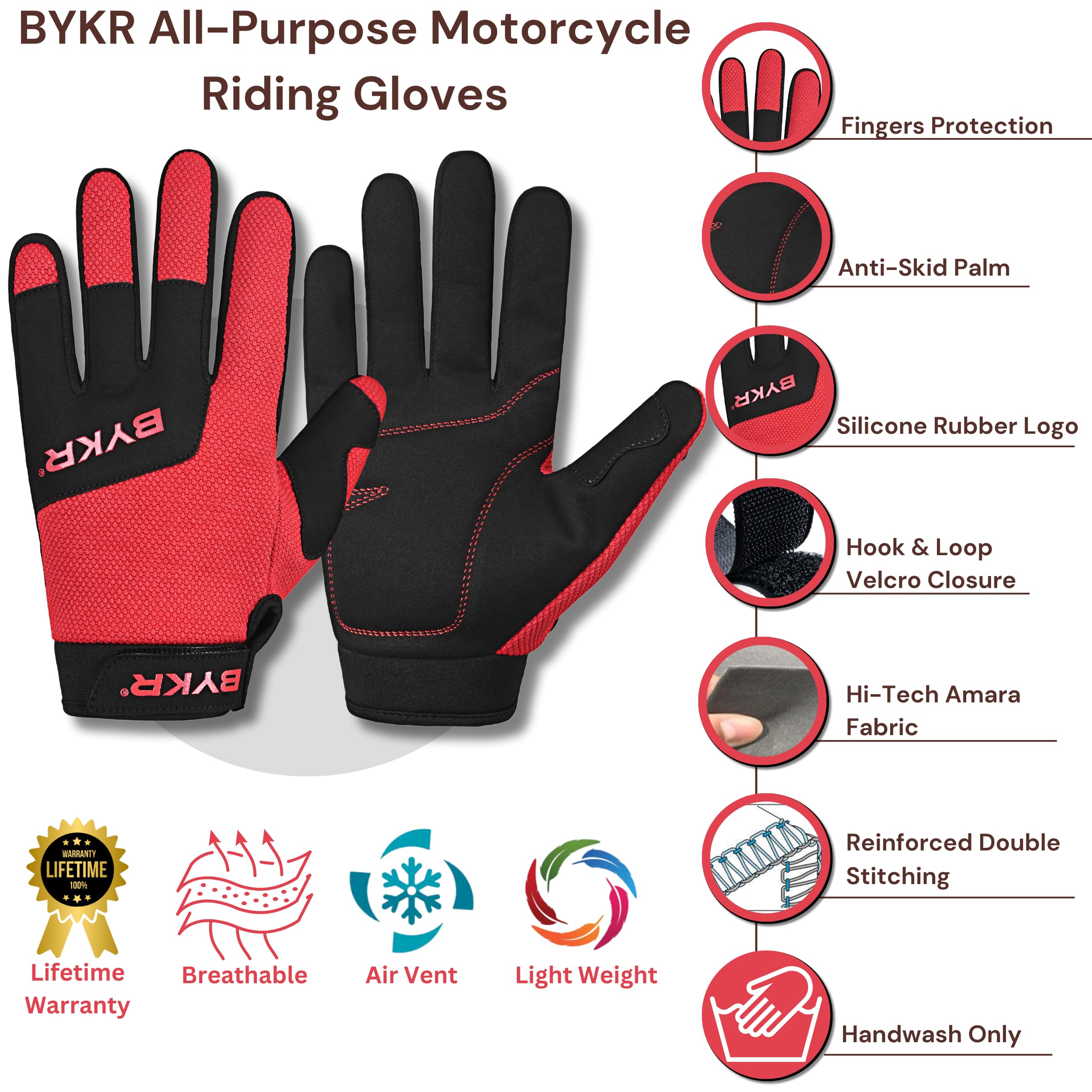 Bykr All-Weather Motorcycle Gloves For Men & Women - Protection For Dirt Bike, Bmx, Mx, And Atv Riding - Red L
