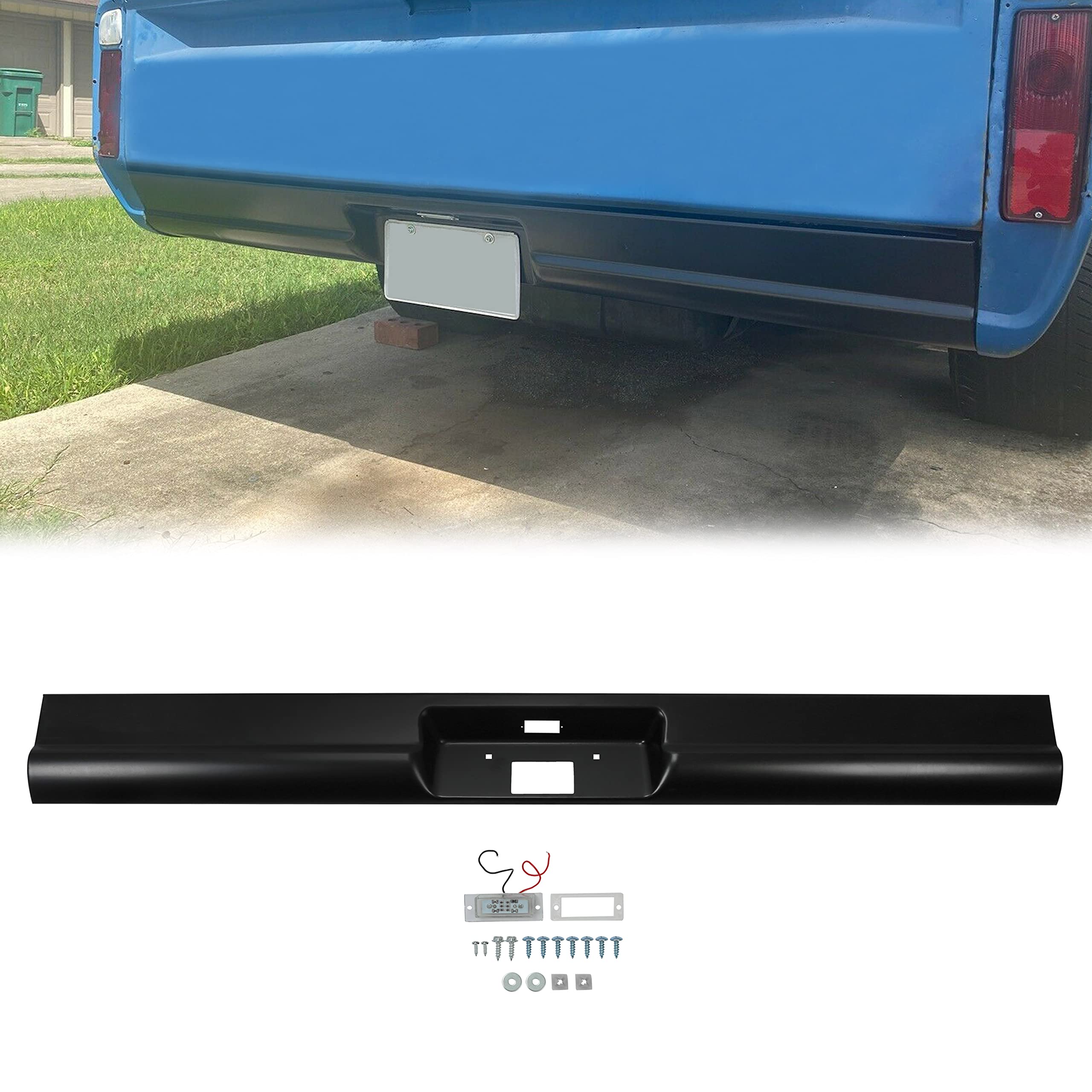 KUAFU Steel Rear Roll Pan Bumper with License Light for 1967-1972 Chevy C10 Pickup - Black, Model BL1173