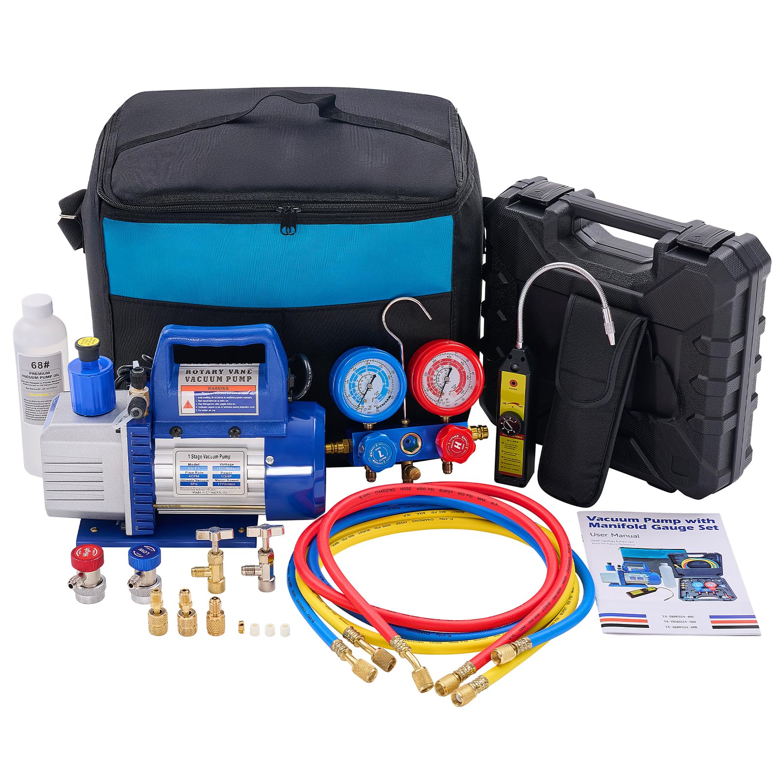OLIXIS 110V 1/3 HP 4CFM Single Stage Vacuum Pump Kit with R134a Manifold Gauge Set, Leak Detector, 1/4 Hoses & Carry Bag for HVA