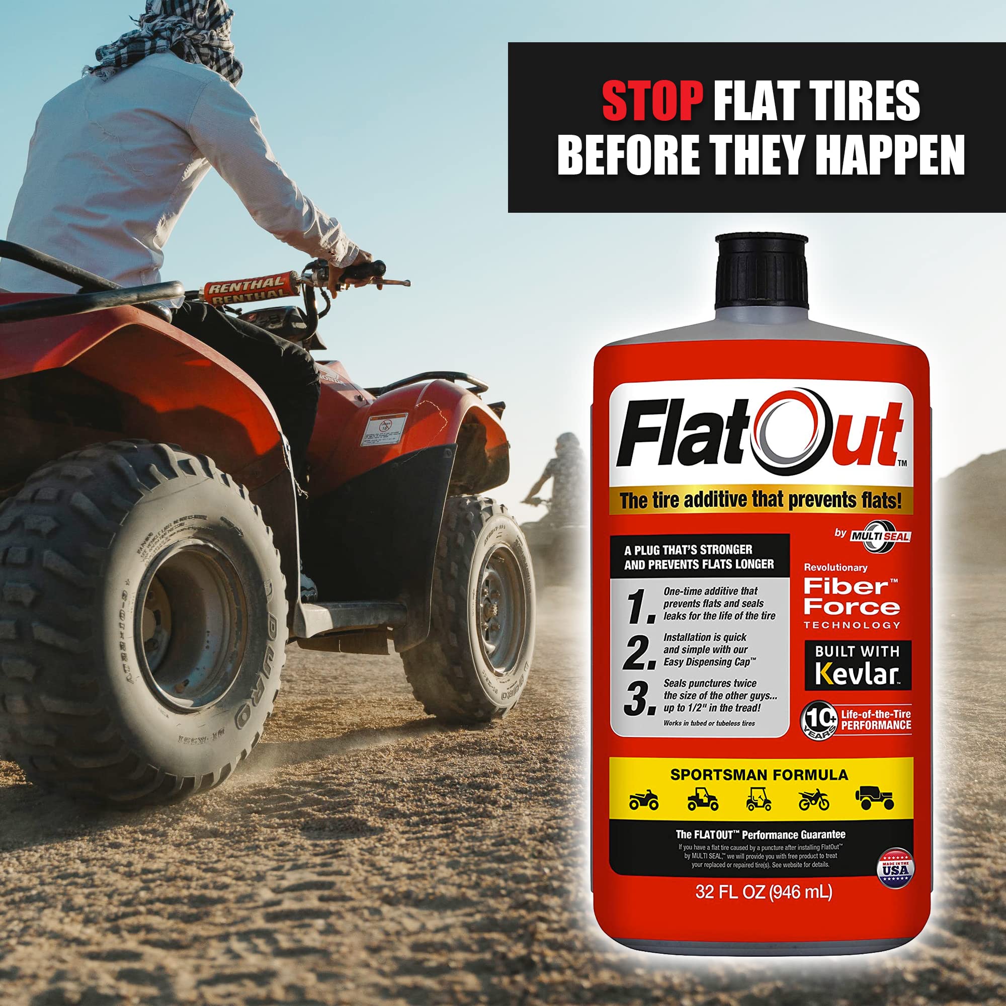 FlatOut Tire Sealant Sportsman Formula - 32-Ounce Bottle, Prevents Flat Tires, Seals Leaks, Contains Kevlar, 1-Pack