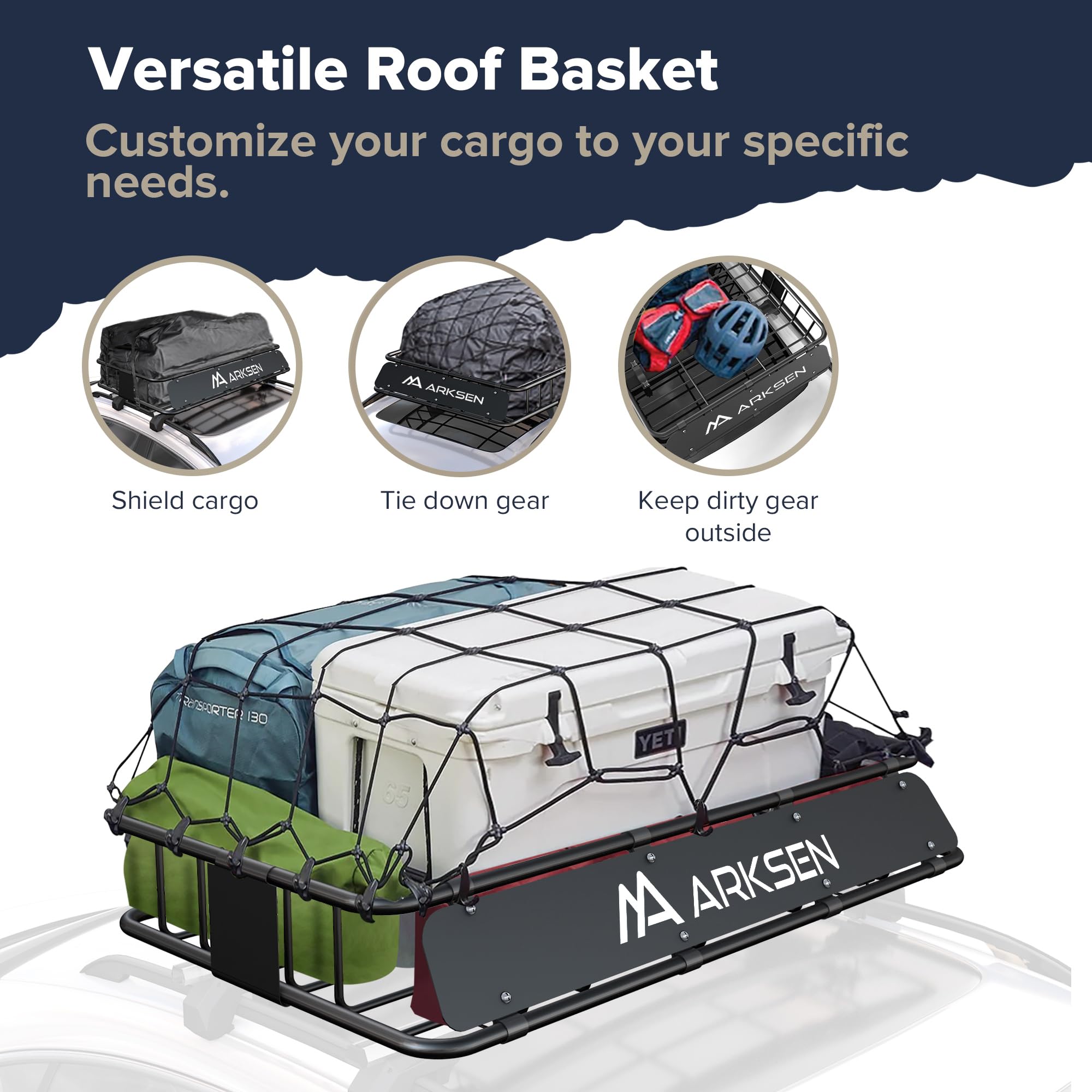 Arksen 30 X 50 X 6 Inch Universal Extra Wide 250Lb Heavy Duty Roof Rack Cargo With Ratchet Straps, Cargo Net, Car Top Luggage Ho