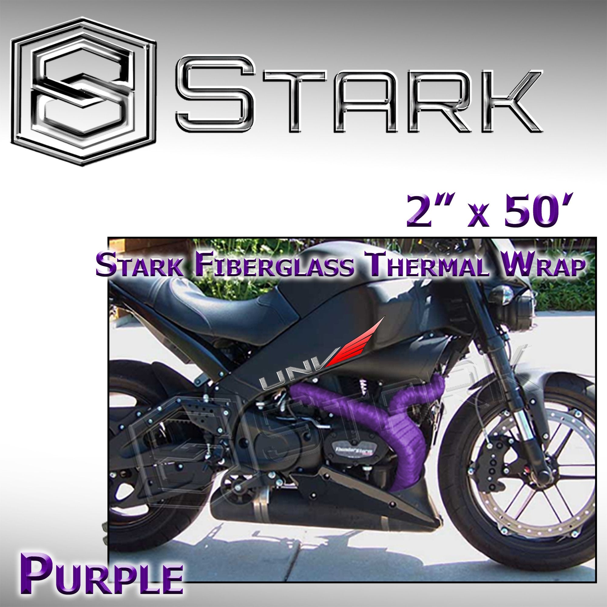 Stark Industries Thermal Wrap - 2" x 50' Fiberglass Heat Shield Exhaust Wrap - Purple