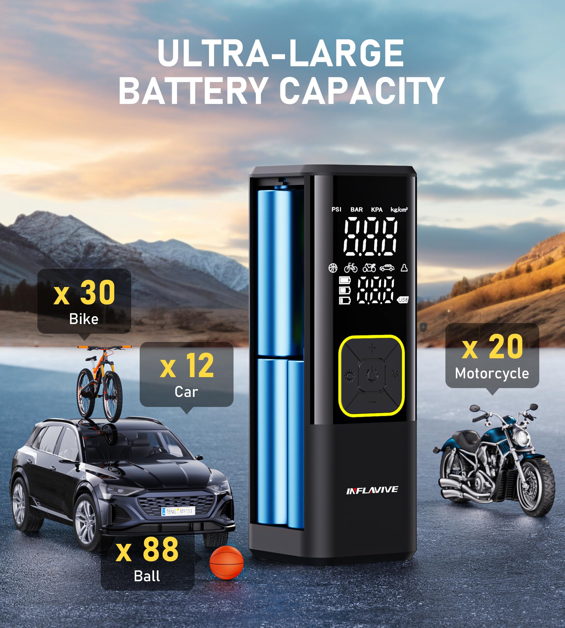 Tire Inflator Portable Air Compressor, InflaVive 3X Fast Inflate Cordless Air Pump for Car Tires with LED Light, 150PSI Portable