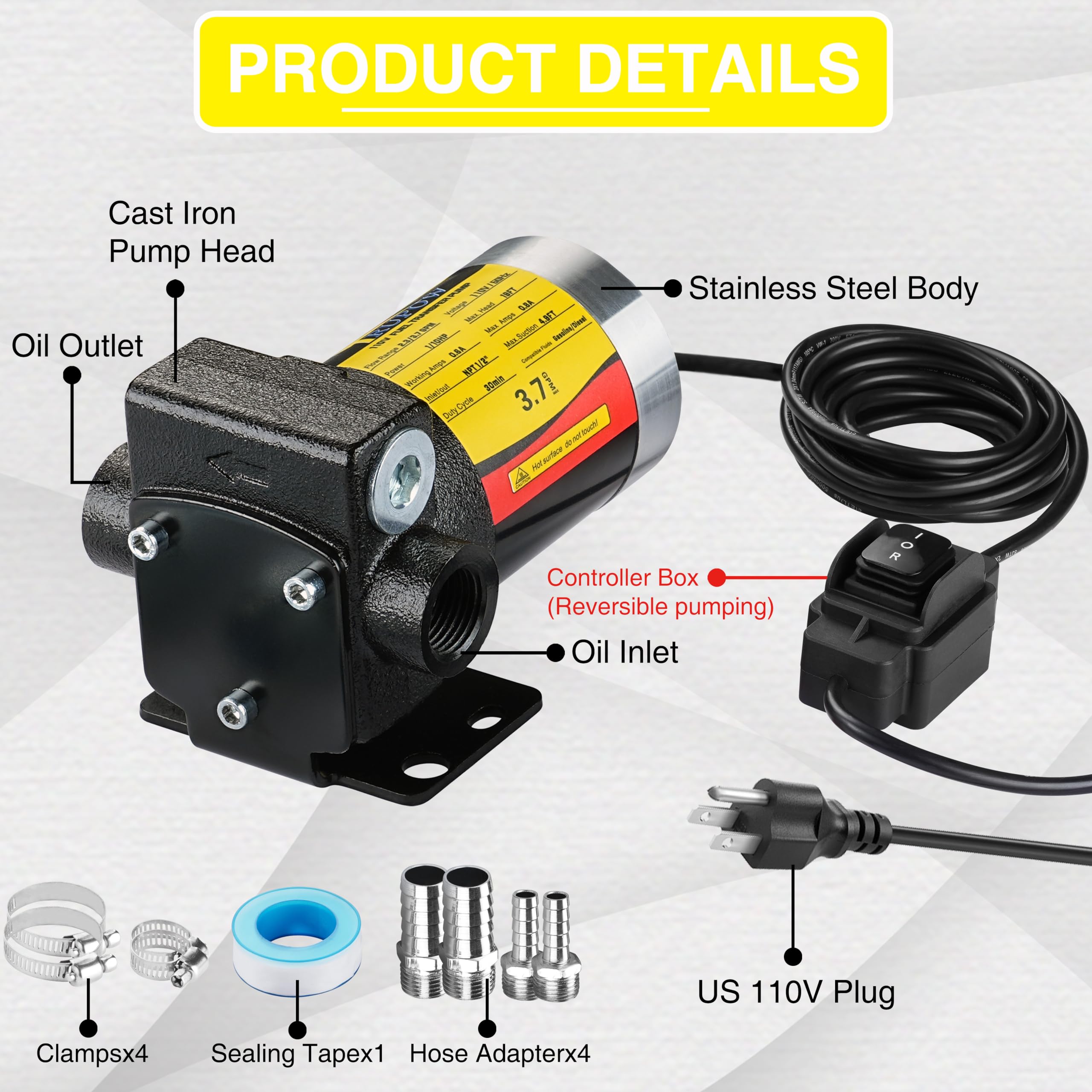 TRUPOW 110V AC Gasoline Fuel Oil Transfer Pump, Cast Iron, Reversible Switch, Black, Model TP0123