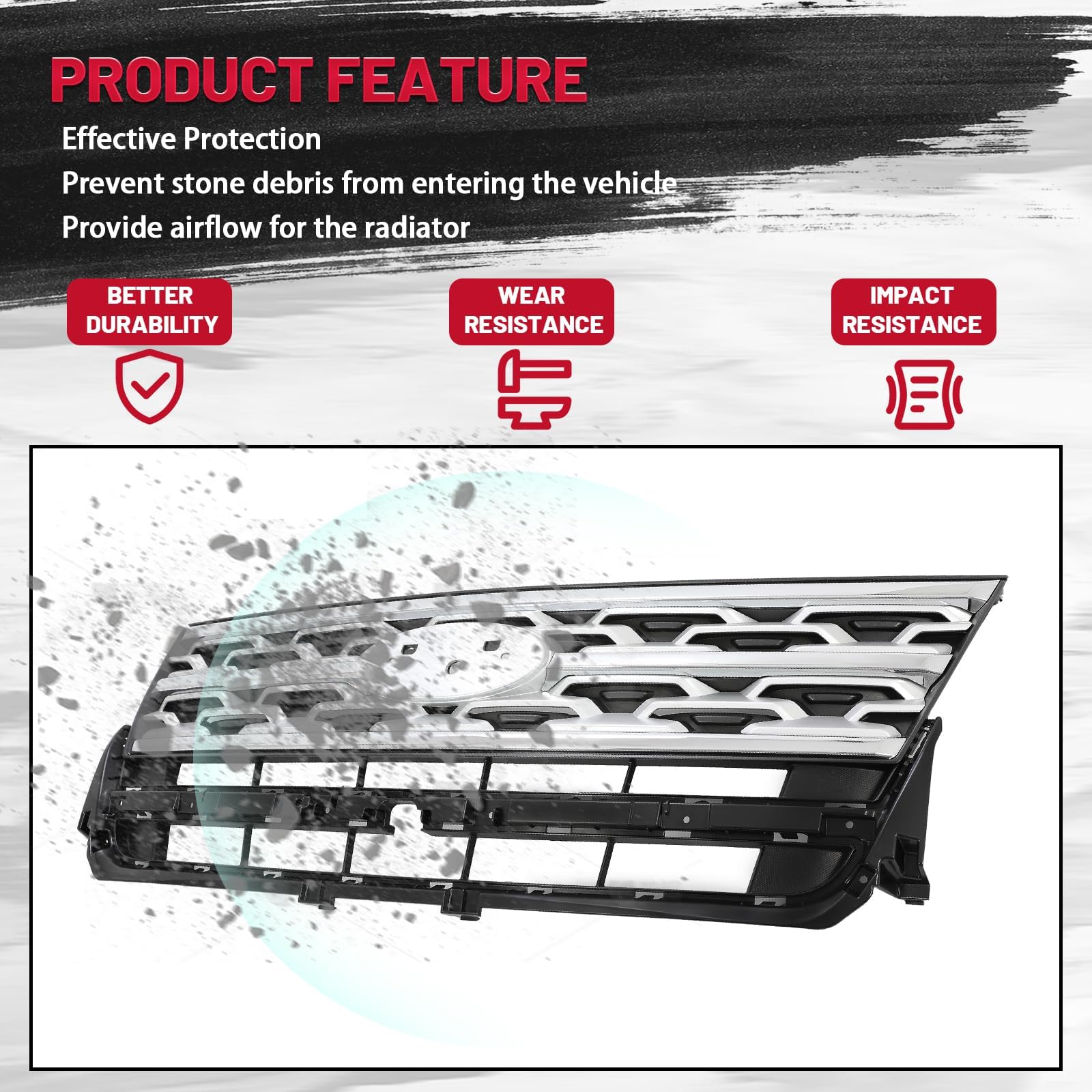 HECASA Front Grille Grill for 2018-2019 Ford Explorer, ABS Plastic, Chrome, Black & Silvery, Model CB-2085