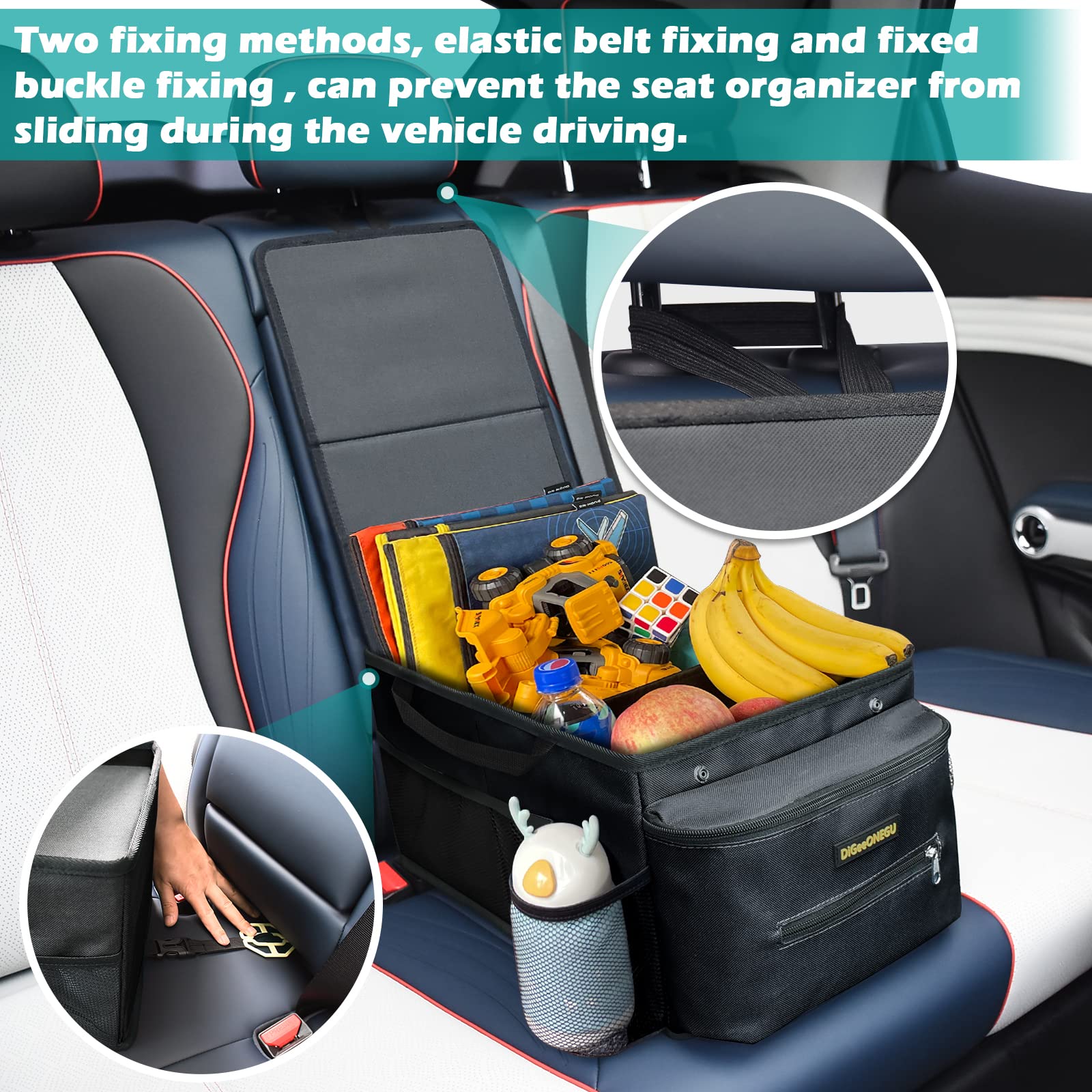 Digeeonegu Car Seat Organizer-Car Organizer Front Seat Back Seat,Car Organizers And Storage,Passenger Seat Organizer With Lid Tissue Box Cup Holder & 7 Mesh Pockets, Road Trip Essentials For Kids
