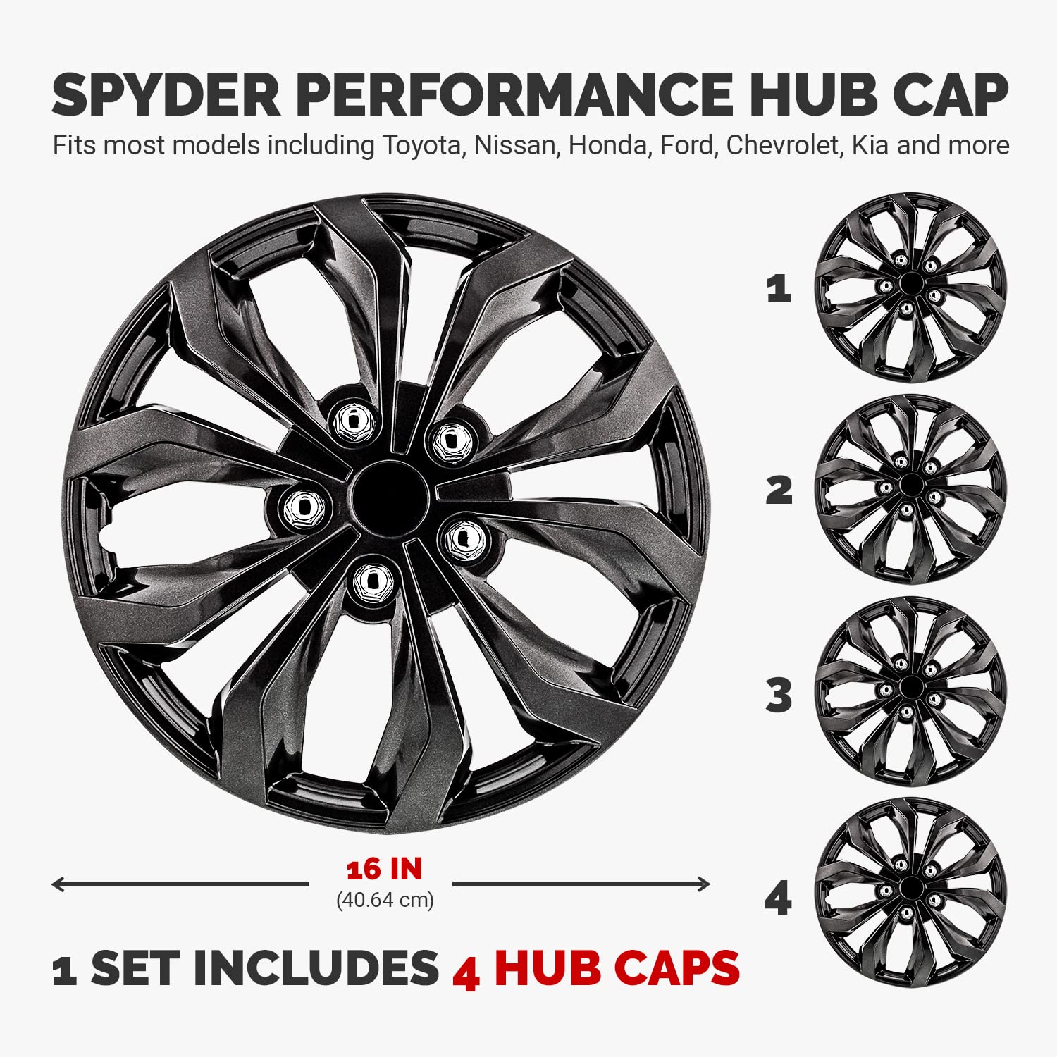 Pilot Automotive Wh555-16Gm-B 16 Inch Spyder Gunmetal Grey Universal Hubcap Wheel Covers For Cars - Set Of 4 - Fits Most Cars