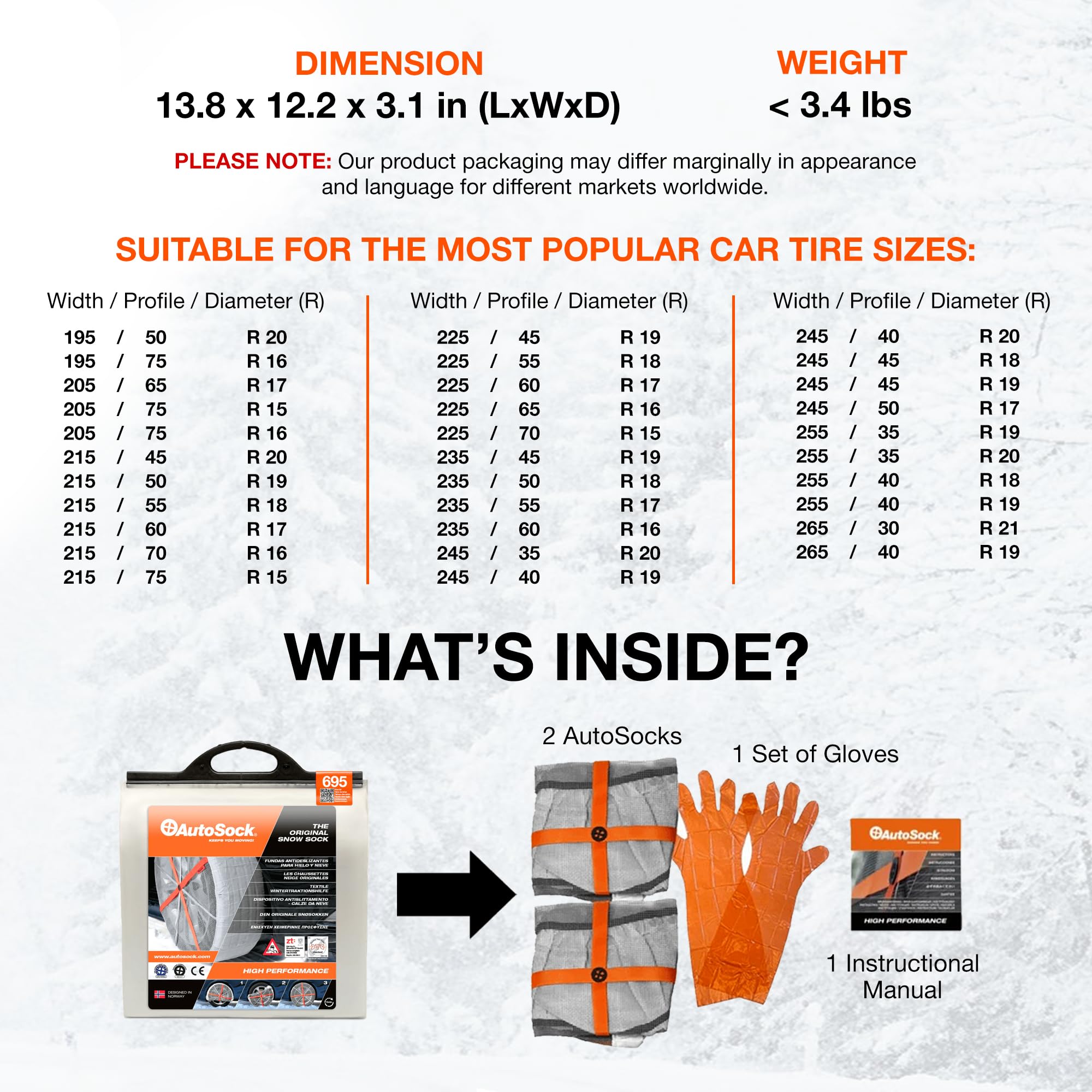 AUTOSOCK Snow Socks for Tires, HP695, Polyester, Pack of 2, Suitable for Passenger Vehicles