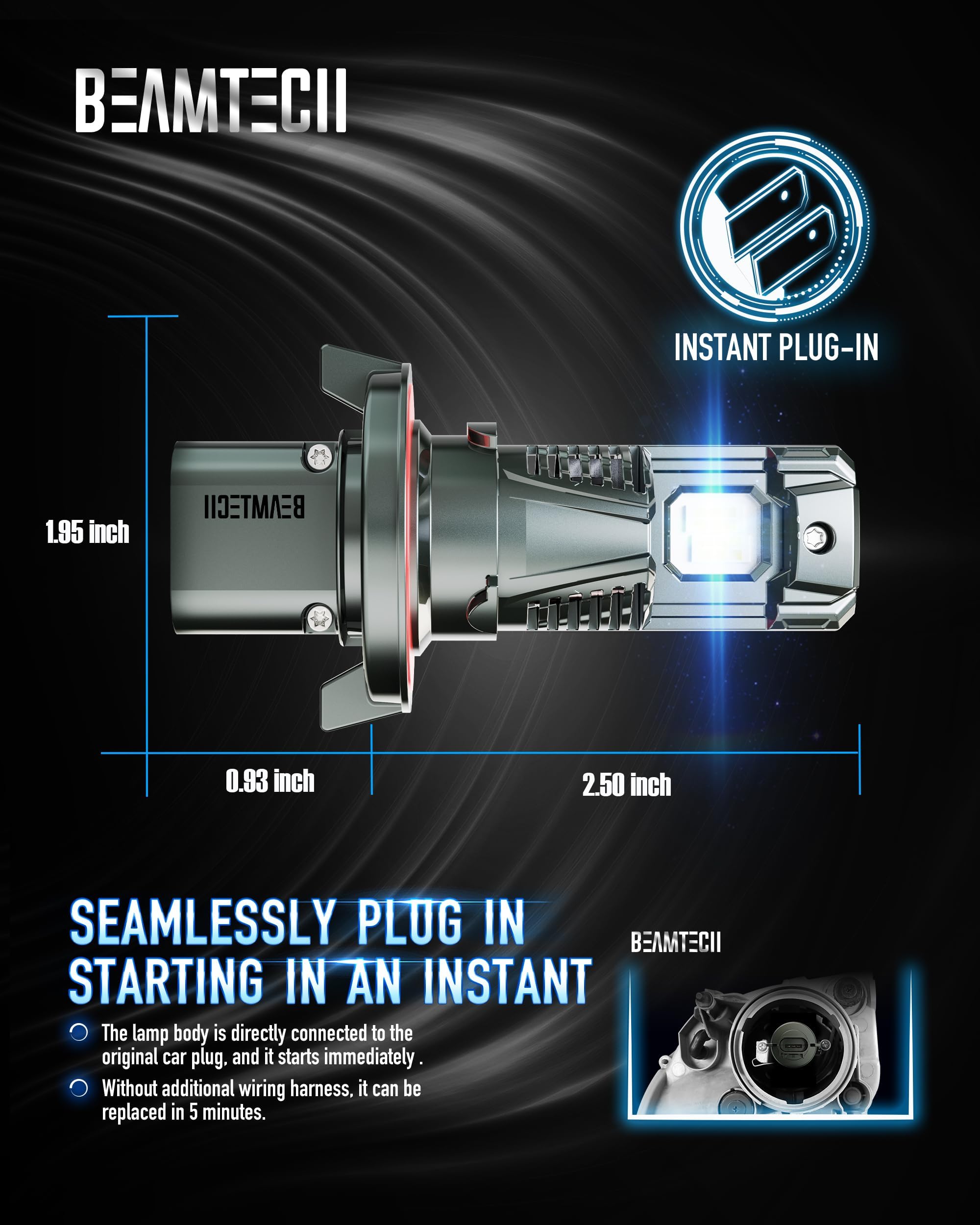 BEAMTECH H13/9008 Light Bulbs - G-XPower Chips, 6500K White, 500% Brighter, Plug and Play, 2 Bulbs