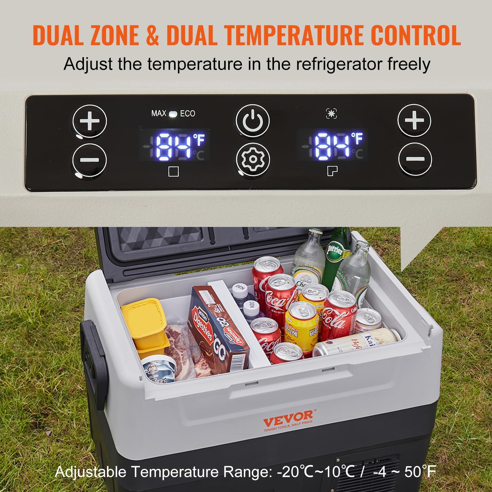 Vevor Car Refrigerator, 12 Volt Car Refrigerator Fridge, 58 Qt/55 L Dual Zone Portable Freezer, -4?-50? Adjustable Range, 12/24V Dc And 100-240V Ac Compressor Cooler For Outdoor, Camping, Travel, Rv
