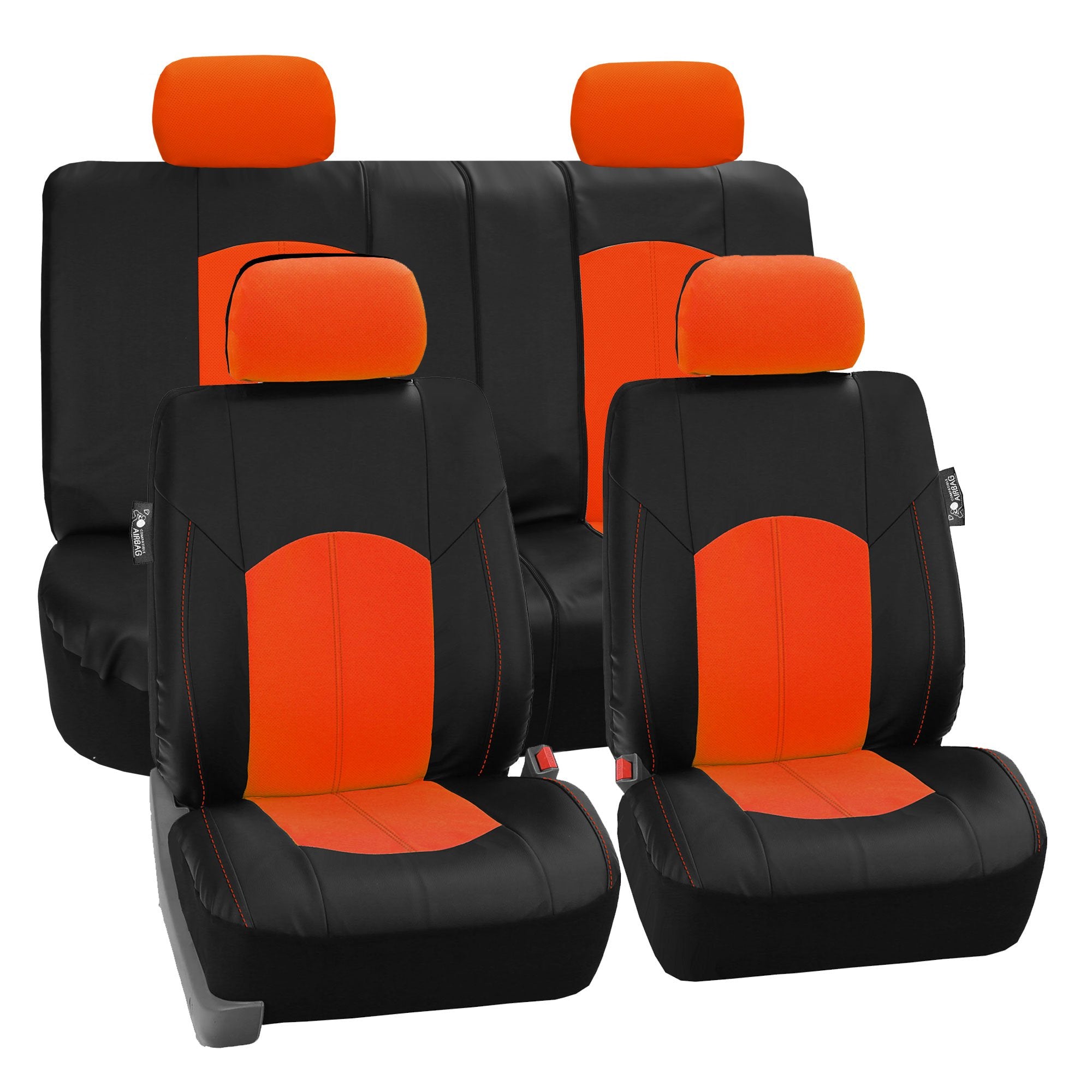 FH Group Automotive Seat Cover Highest Grade Faux Leather Orange Black Full Set, Combo Car Seat Cover Design Airbag Compatible S