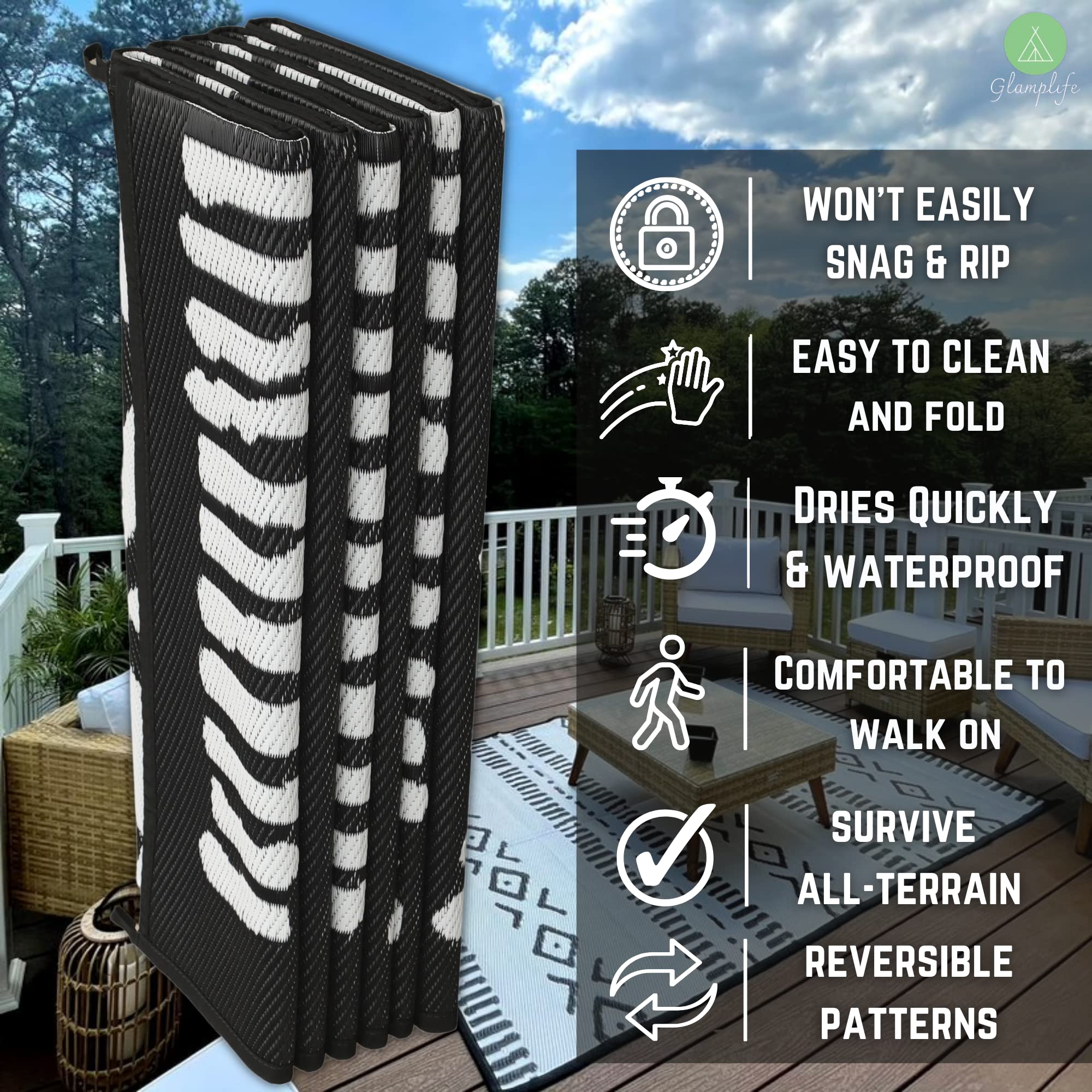 Glamplife Recycled Rv Rug - Camping Rugs For Outside Your Rv - 9X12 Outdoor Rug - Black And White Tribal - Large Outdoor Rugs Fo