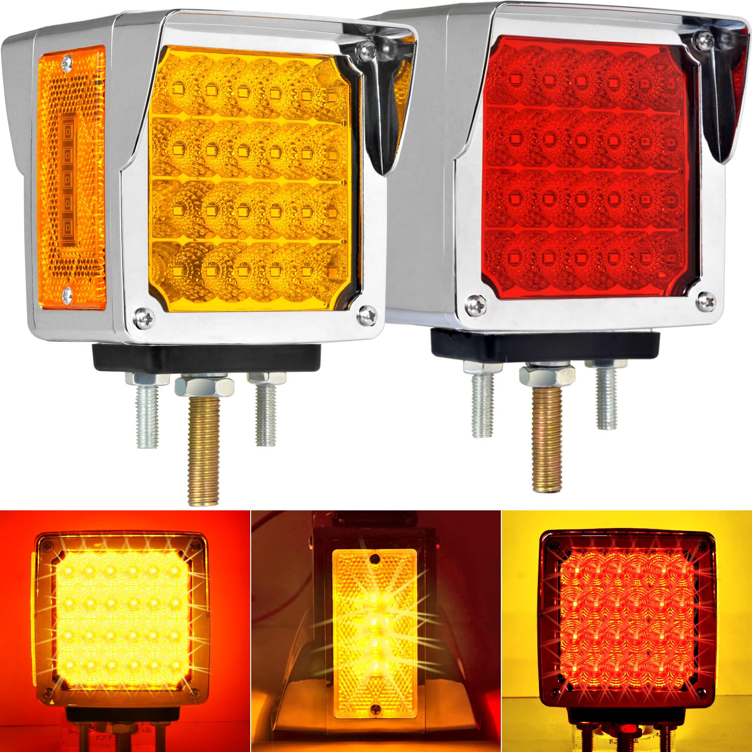 2pcs Semi Truck Lights Trailer Fender LED Turn Signal Lights Upgraded 60LEDs Double Face Amber and Red Square Pedestal Side Mark