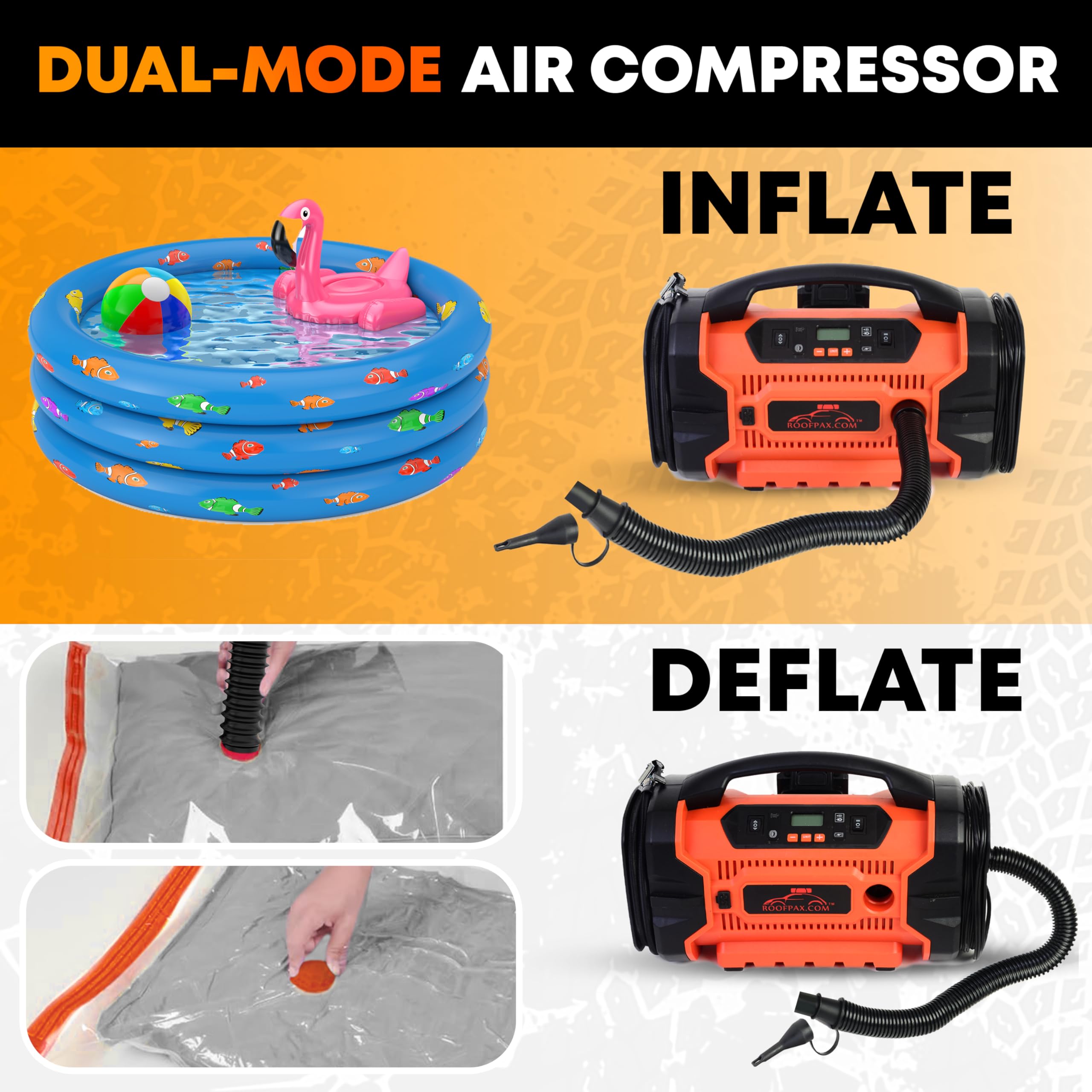 RoofPax Tire Inflator Portable Air Compressor 160 PSI 12V/110V, Heavy Duty, Digital Pressure Gauge, Orange, Model TB-V3SL-VOHB