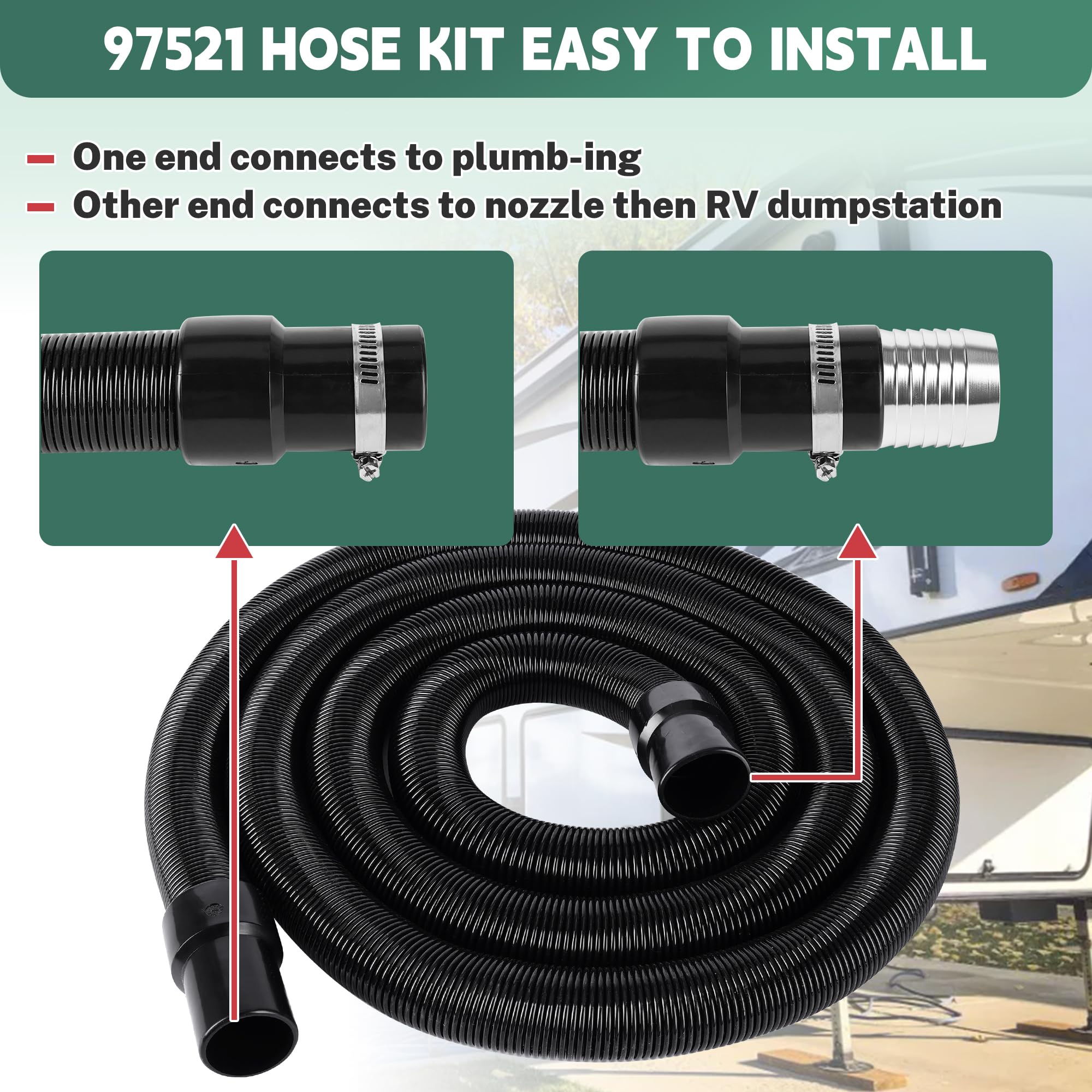 Ustinian RV Macerator Hose Kit, 33FT 1.5" Black Sewage Hose, Quick-Connect Fittings, Model YUS-PCS002-BK