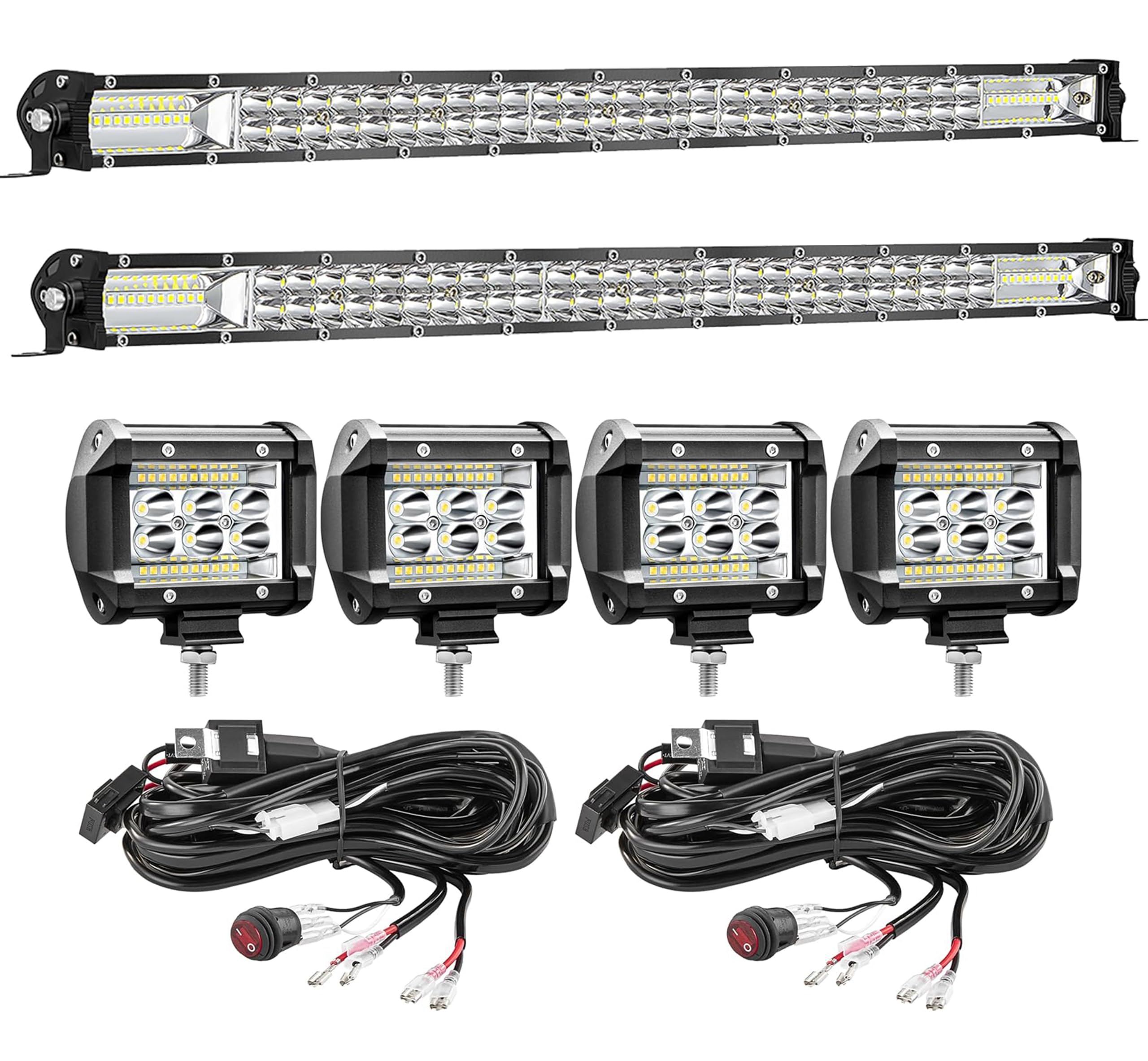 SAN YOUNG 30 Inch LED Light Bar Kits, (2) 30 In Slim LED Light Bars, (4) 4 Inch LED Pods, (2) 3 Meters Wiring Harness, 12V 24V T