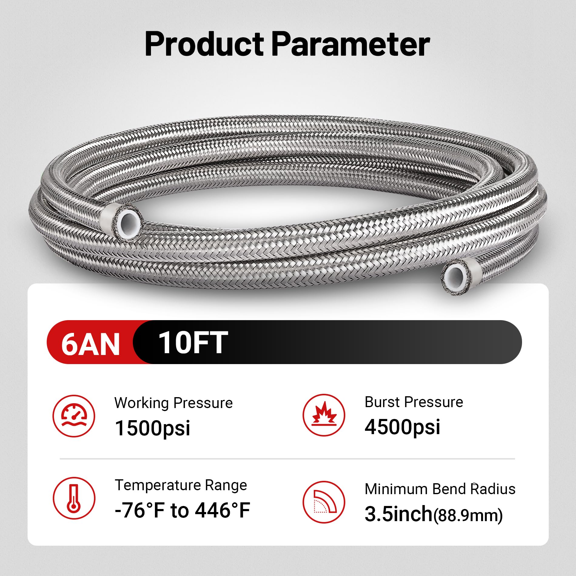 Evil Energy 6An Ptfe Fuel Hose Line, An6 Fuel Line E85 Stainless Steel Fuel Line Braided 10Ft Silver