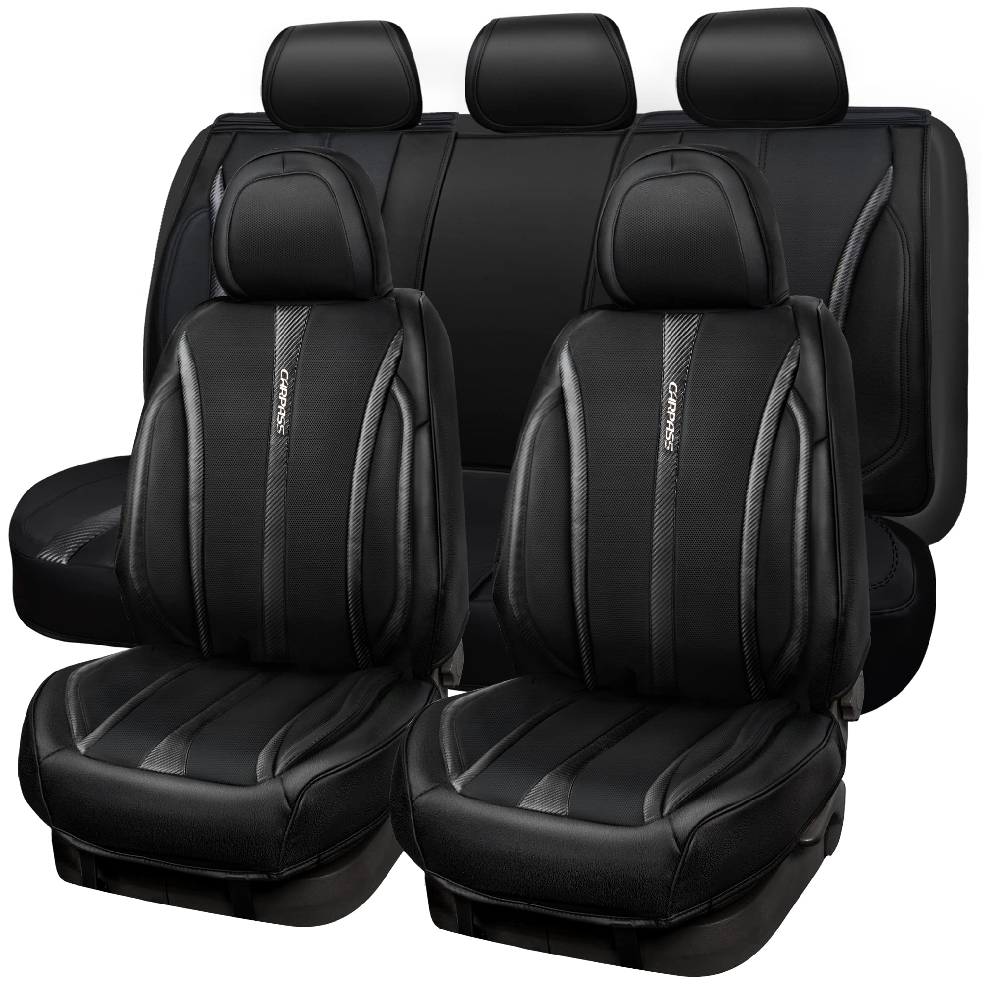 CAR PASS Nappa Leather Car Seat Covers Full Set & Carbon Fiber, Waterproof and Durable All Weather Protector, Universal Fit for 