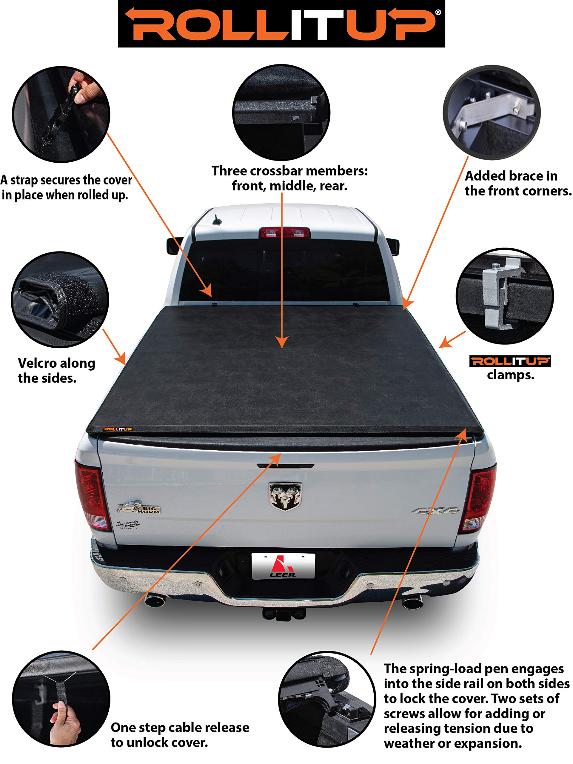 LEER Soft Roll Up Tonneau Cover for 2019-2023 Ram 1500 5.7' Bed, Easy Install, Low-Profile, Durable Vinyl, Black