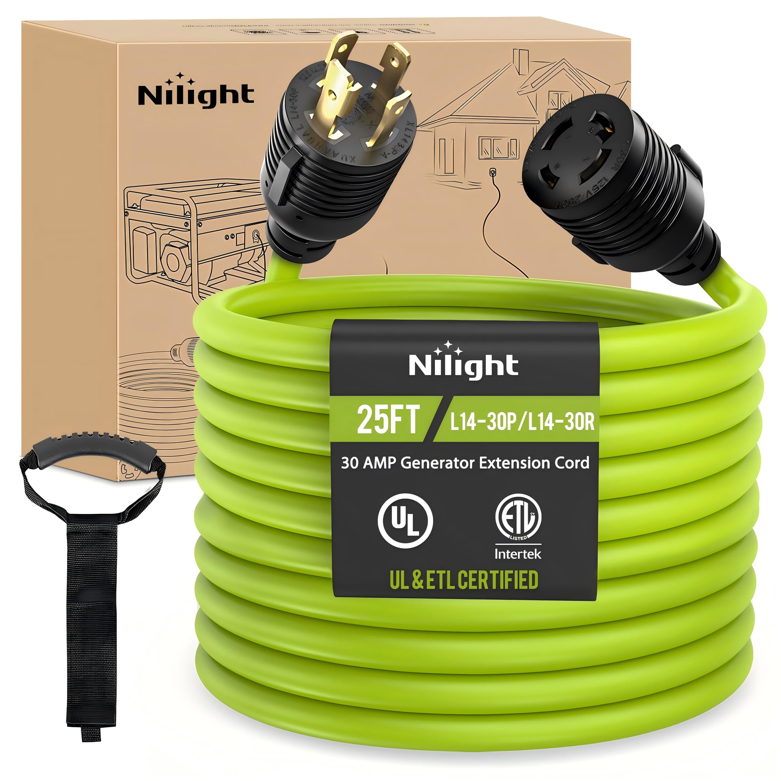 Nilight 25Ft 30Amp Generator Extension Cord 125V Heavy Duty 10/3 Gauge Pure Copper Stw Wire Ul Etl Listed 3 Prong L14-30P L14-30