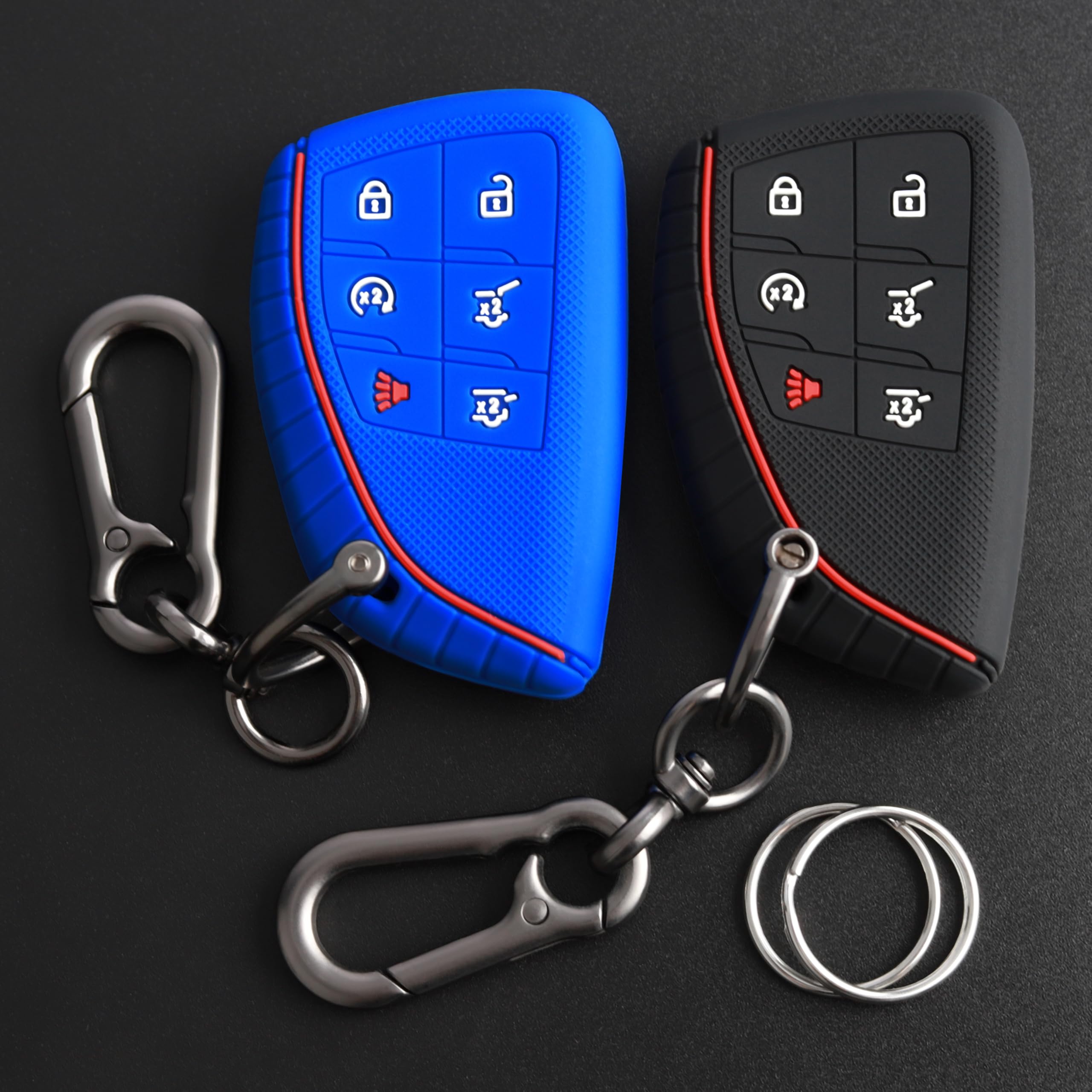 TANDRIVE Key Fob Cover for 2026 2025-2021 Chevy Tahoe Suburban GMC Yukon, 6 Button, Silicone, 2-Pack, Black and Blue