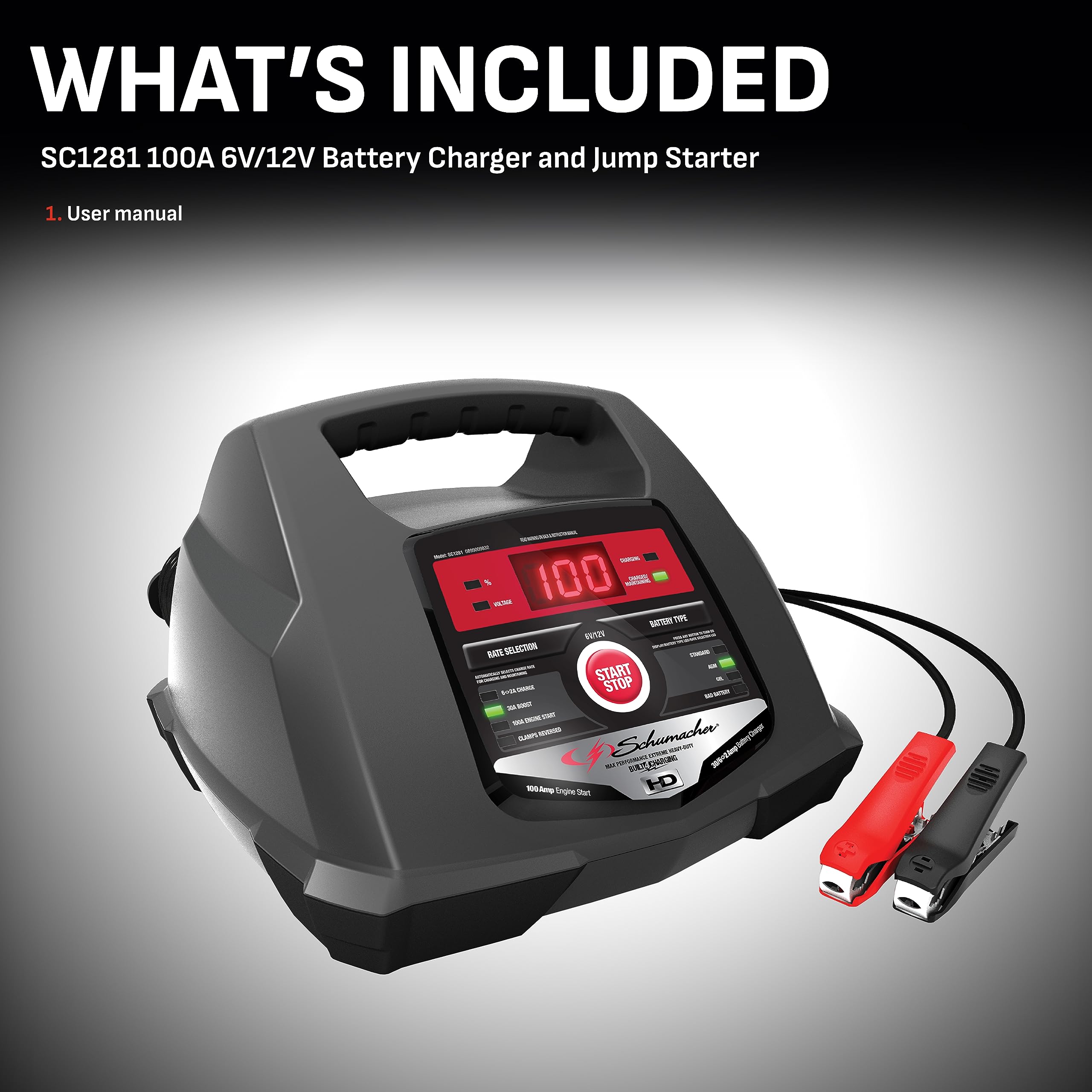 Schumacher Electric 6V/12V Fully Automatic Car Battery Charger & Engine Starter SC1281 - Black, 30/100A, Reverse Hook-Up Protection