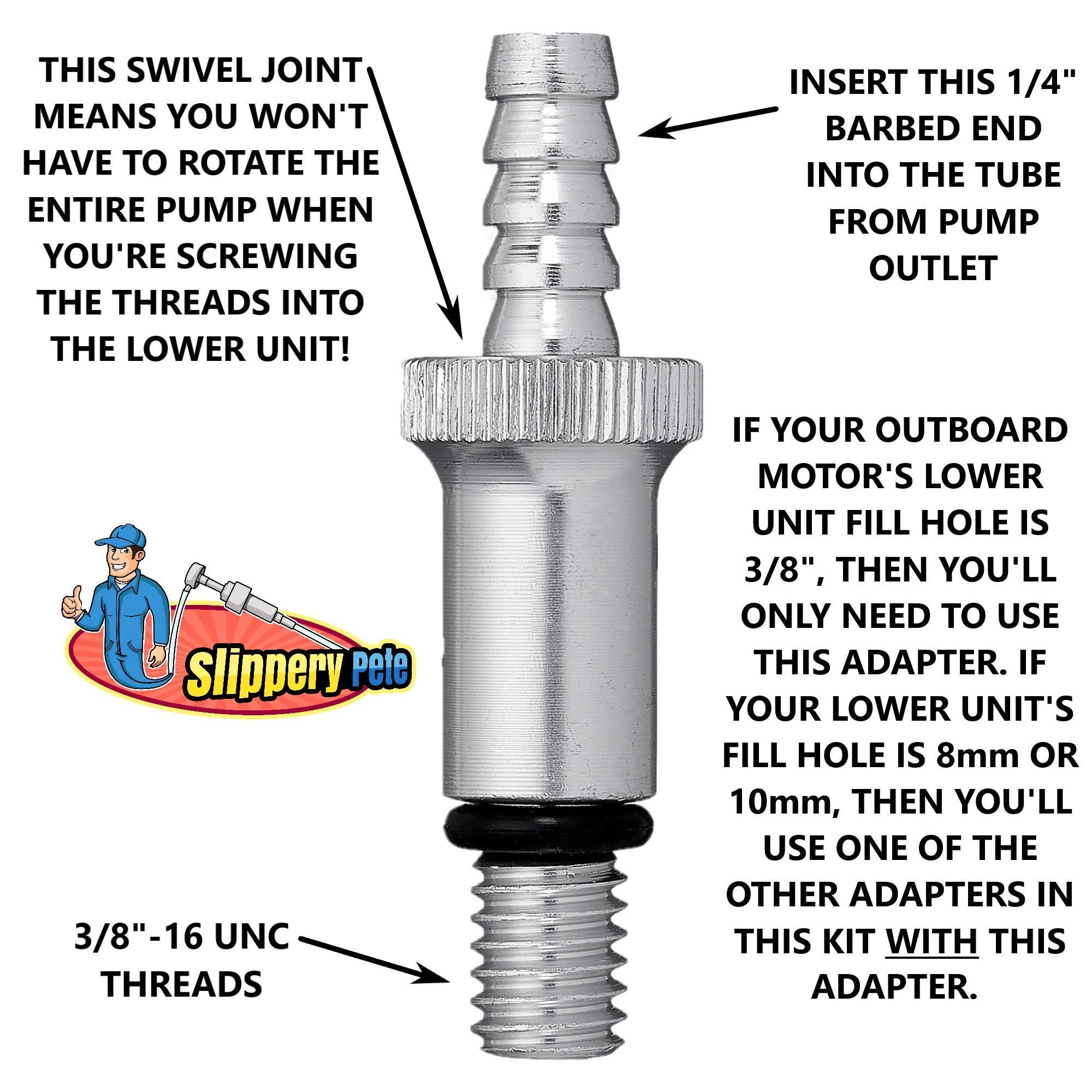 Slippery Pete Lower Unit Gear Oil Pump for Quart Bottles, Chrome Metal Swivel Adapter, Includes 8mm/10mm Adapters, Model 573B164