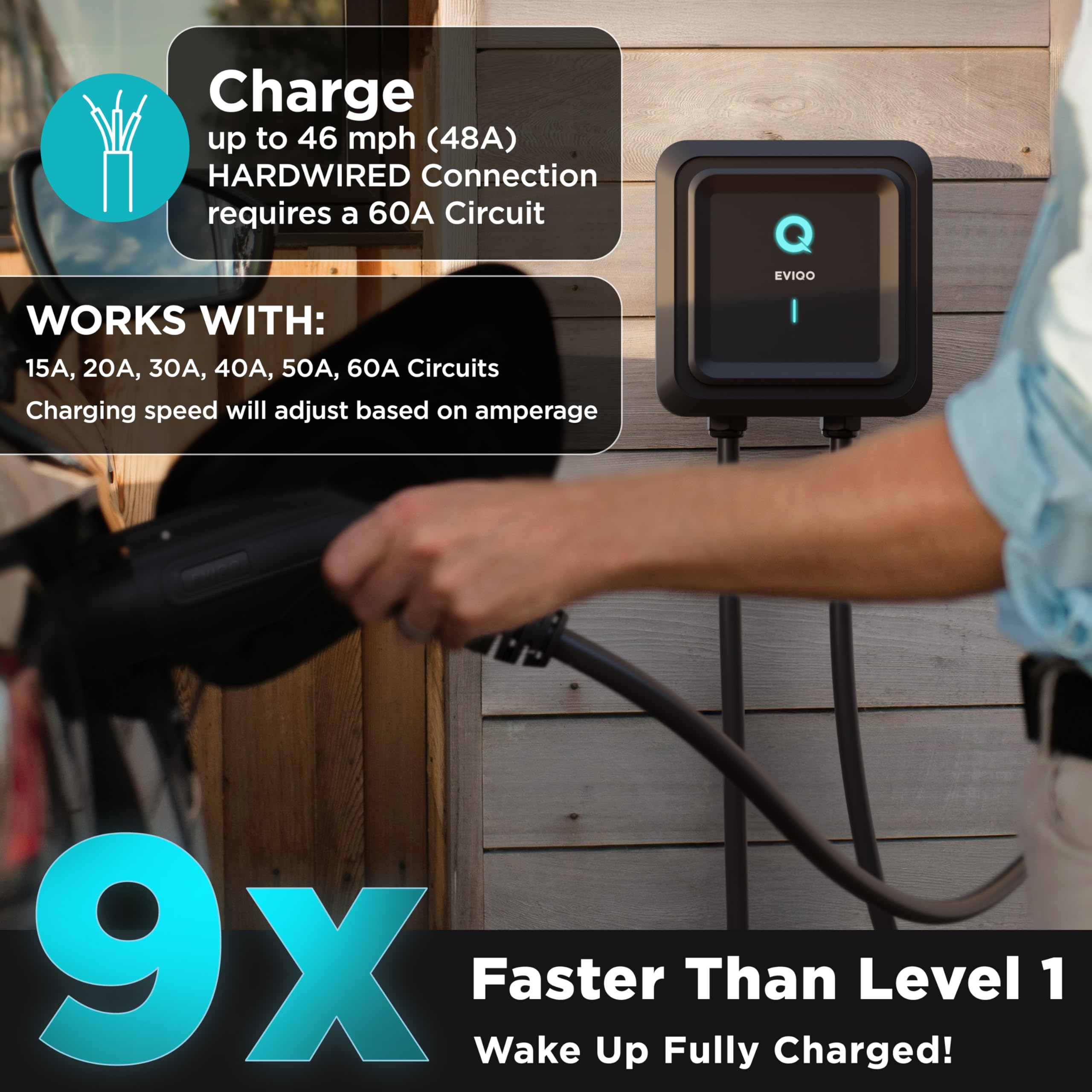 EVIQO Level 2 EV Charger 48 Amp 240V Hardwired J1772 11.5kW Gen 2 Wall Charging Station with 25' Cord