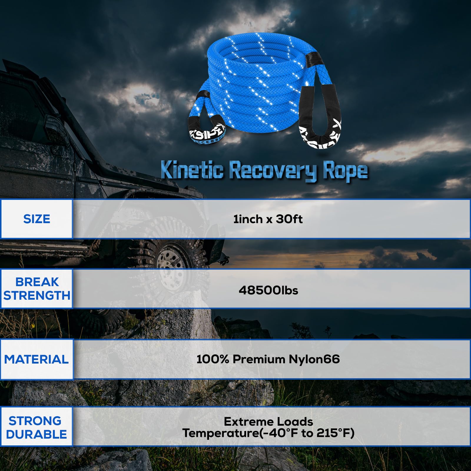 Axsipeix 1''  30Ft Kinetic Recovery Rope (48,500Lbs) Heavy Duty Offroad Kinetic Rope For Utv, Atv, Truck, Car (Blue)