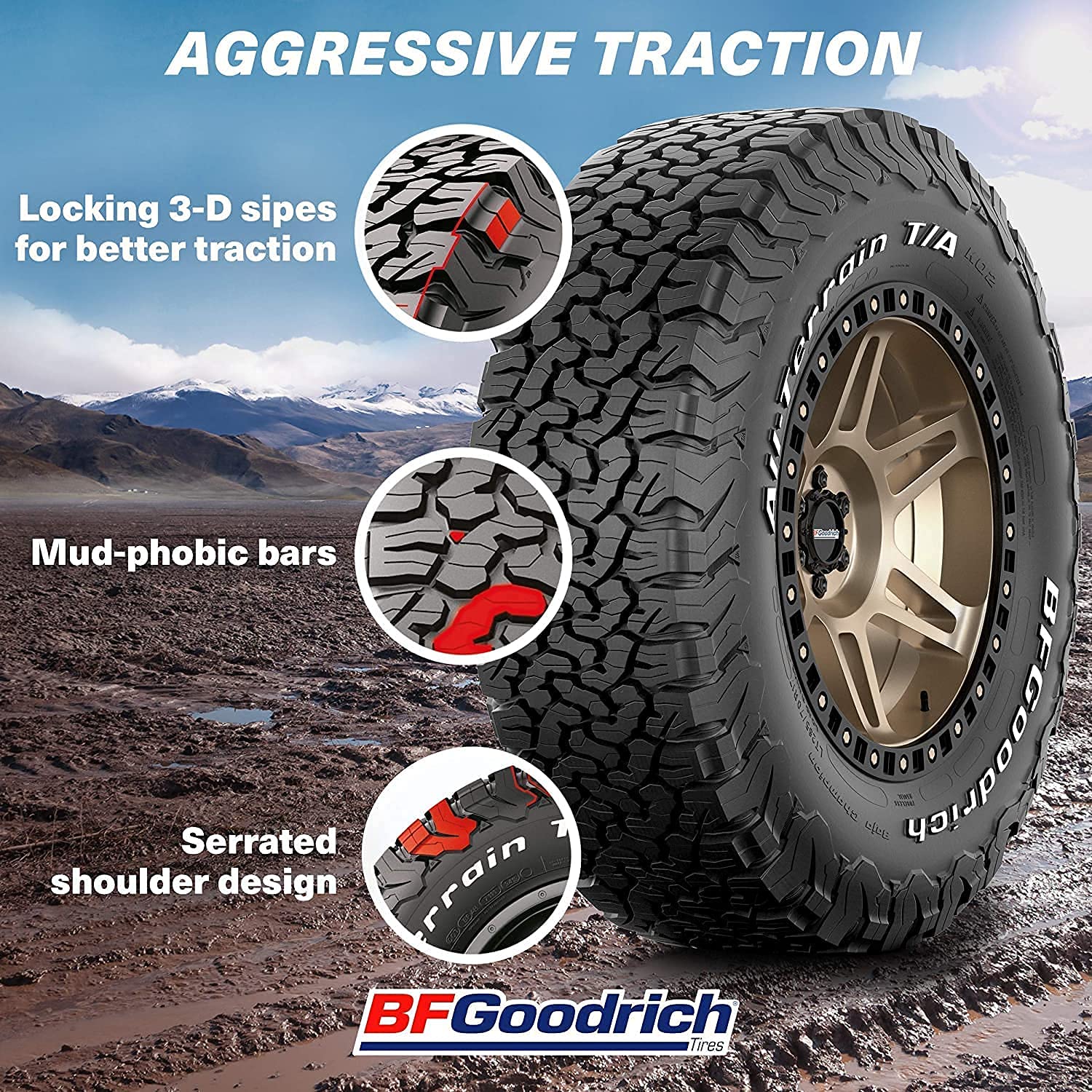 BFGoodrich All Terrain T/A KO2 Radial Tire, LT255/70R17/E, for Light Trucks & SUVs, Durable Rubber, Model 37495