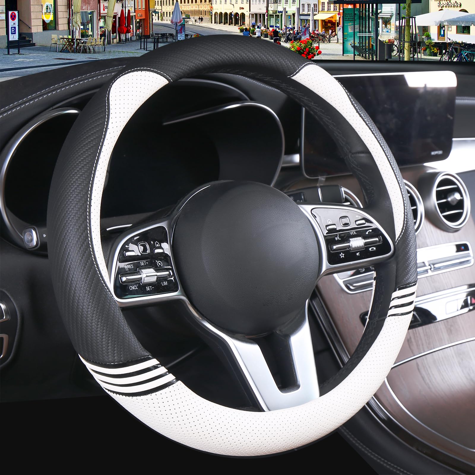 Binsheo Cute Steering Wheel Cover For Girls Women Leather Universal 15 Inch,Black And White