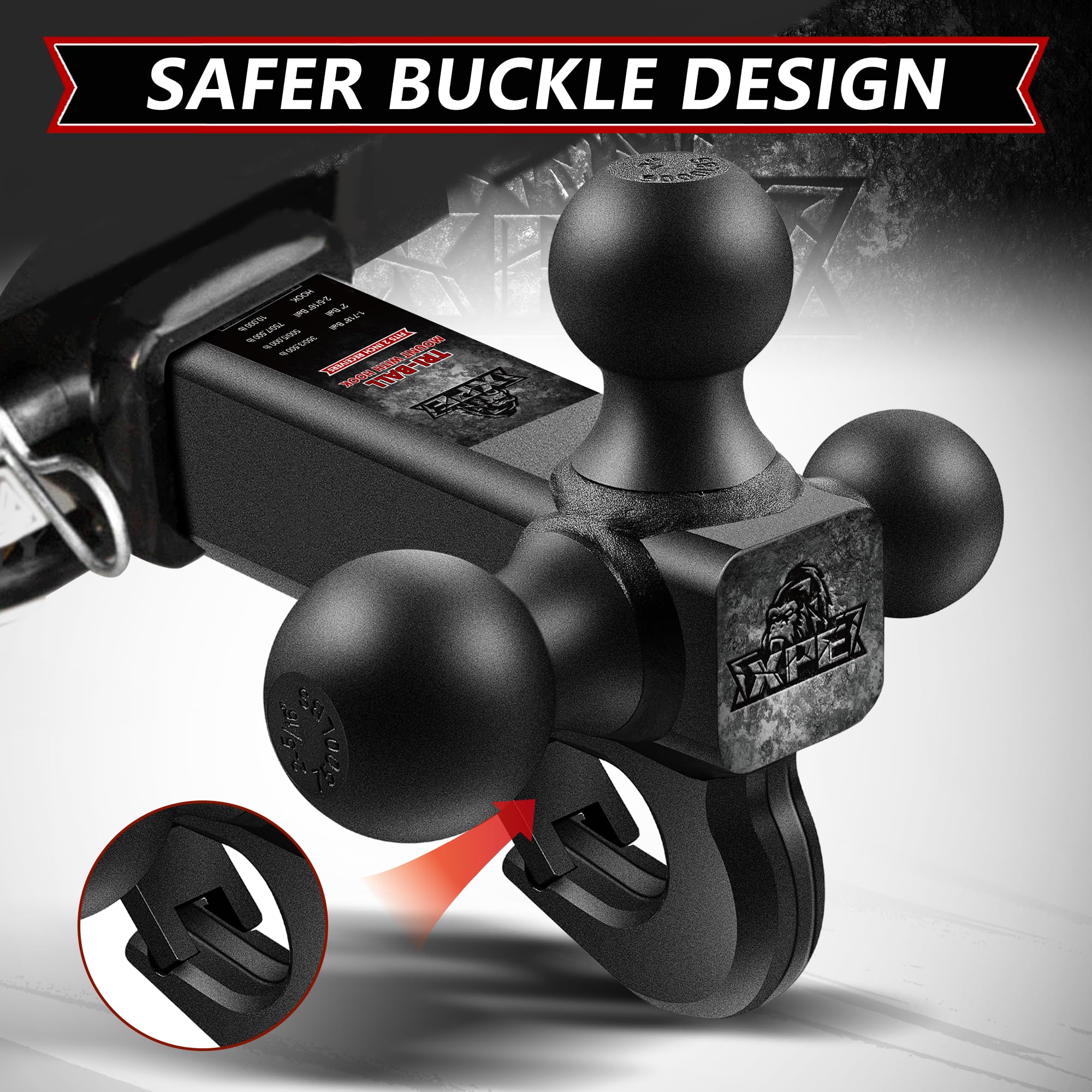 Trailer Hitch Tri Ball Mount With Hook,Fits 2    Hitch Receiver,1-7/8'', 2''& 2-5/16''Matt Black Plated Balls ,Secure With Self-