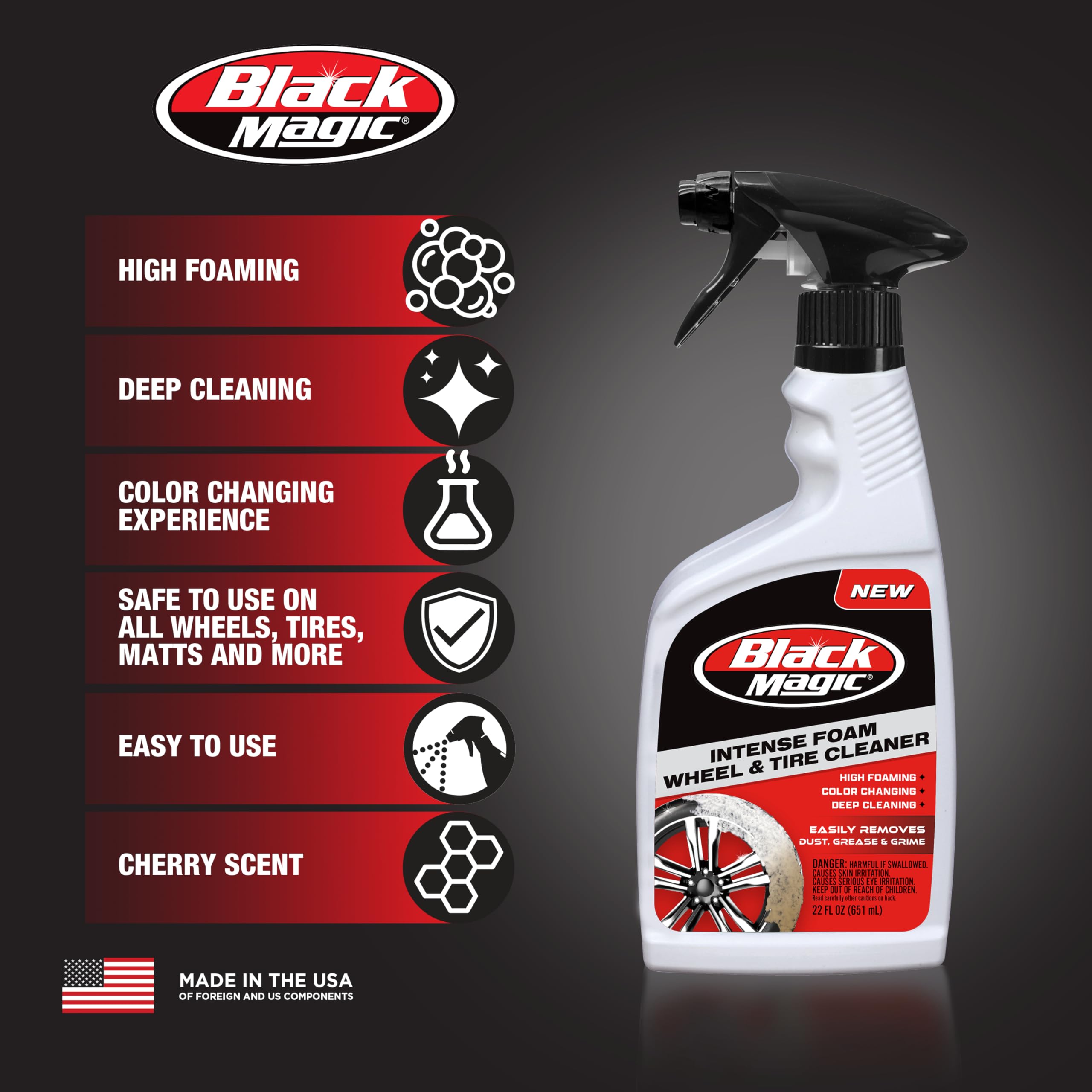 Black Magic Intense Foam Wheel & Tire Cleaner, 22 Fl Oz, High-Foaming Formula, Safe on All Wheels, Model 120228