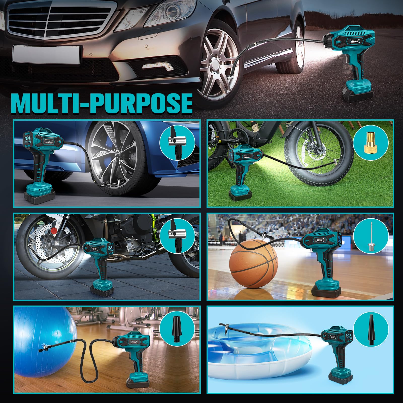 DIYtoolifz Cordless Tire Inflator Air Compressor for Makita 18V Battery, Portable Pump with Digital Pressure Gauge, Turquoise, Model SKU120920002