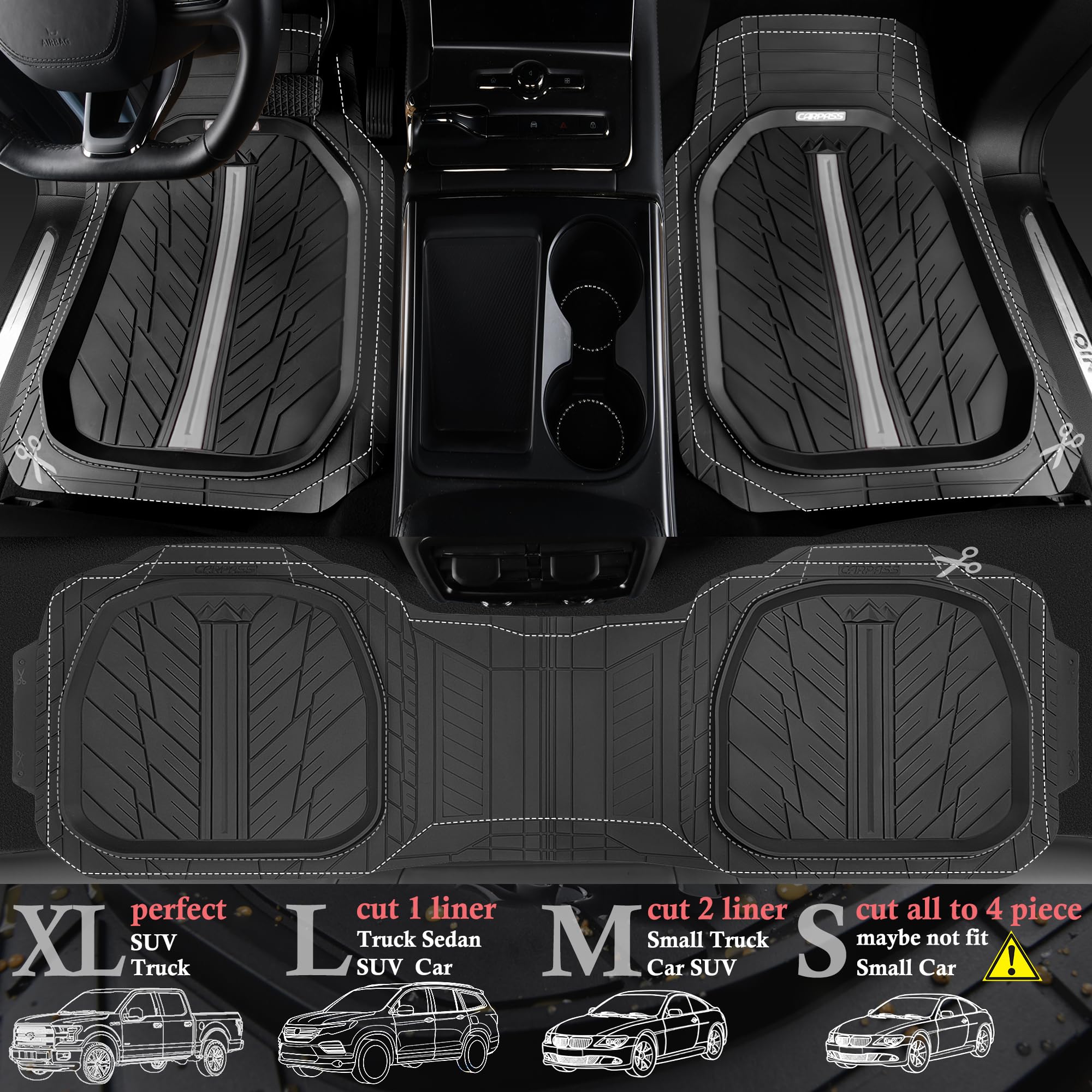 Car Pass Tire Tread Deepdish Rubber Floor Mats For Car Heavy Duty Car Mats All Weather, Universal Xl~M Trim To Fit For Truck Suv