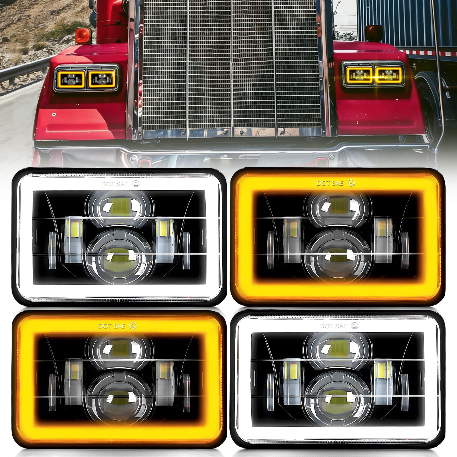 MGLLIGHT 4x6 Inch LED Headlights DOT Approved Cool Halo headlights Hi/Lo Seal Beam H4651 H4652 H4656 H4666 H6545 Rectangular Tru