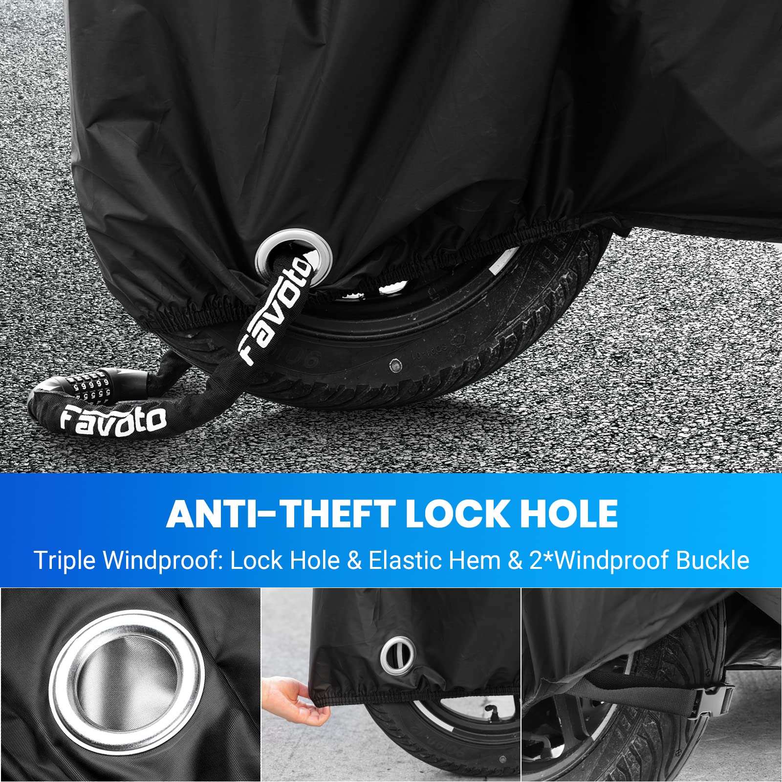 Favoto Motorcycle Cover All Season Universal Weather Quality Waterproof Sun Outdoor Protection Night Reflective with Lock-Holes