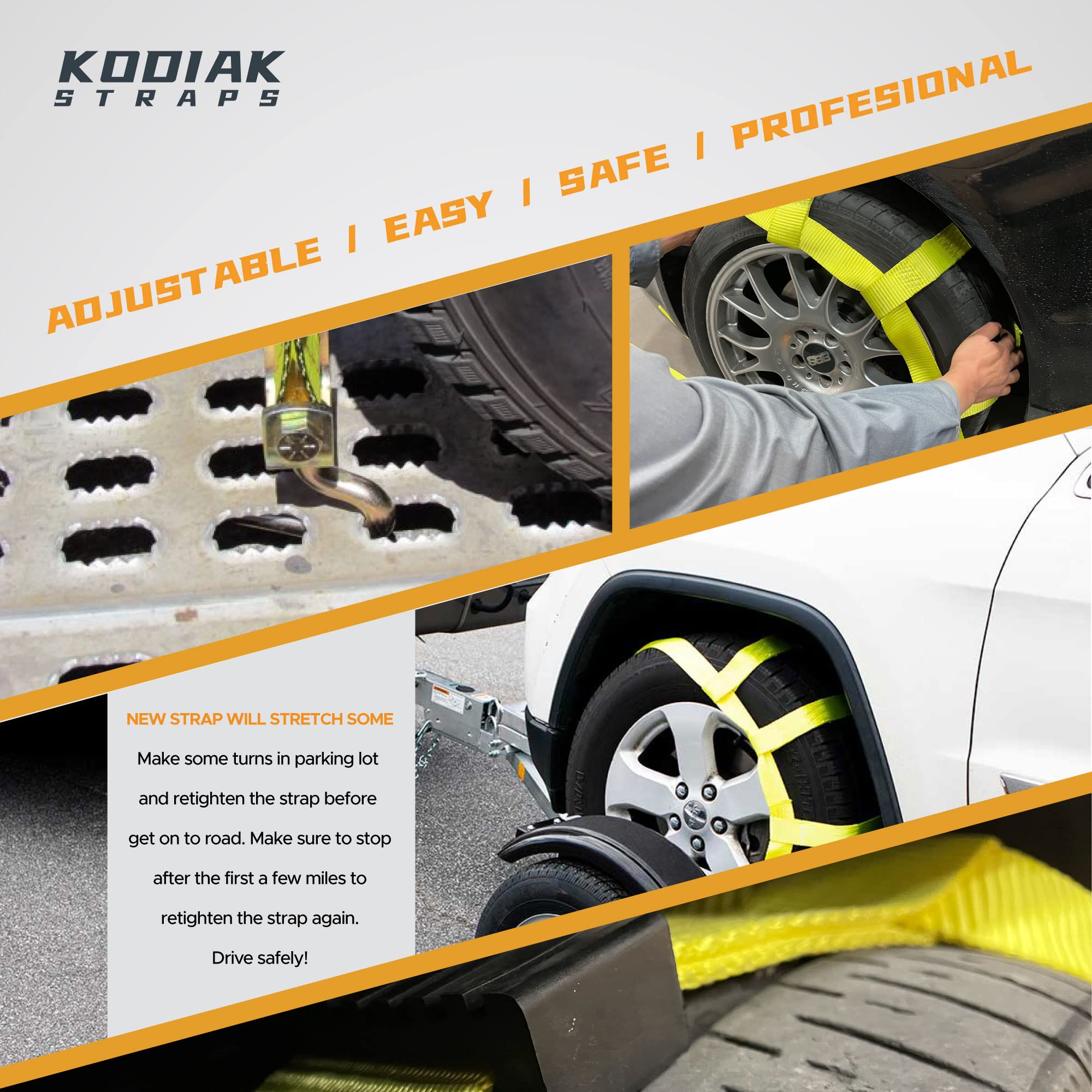 KODIAK STRAPS Adjustable Wheel Net Tow Basket Straps with Swivel J Hooks (2 Pack) - Universal for 14''-22'' Tires - Strap for Do