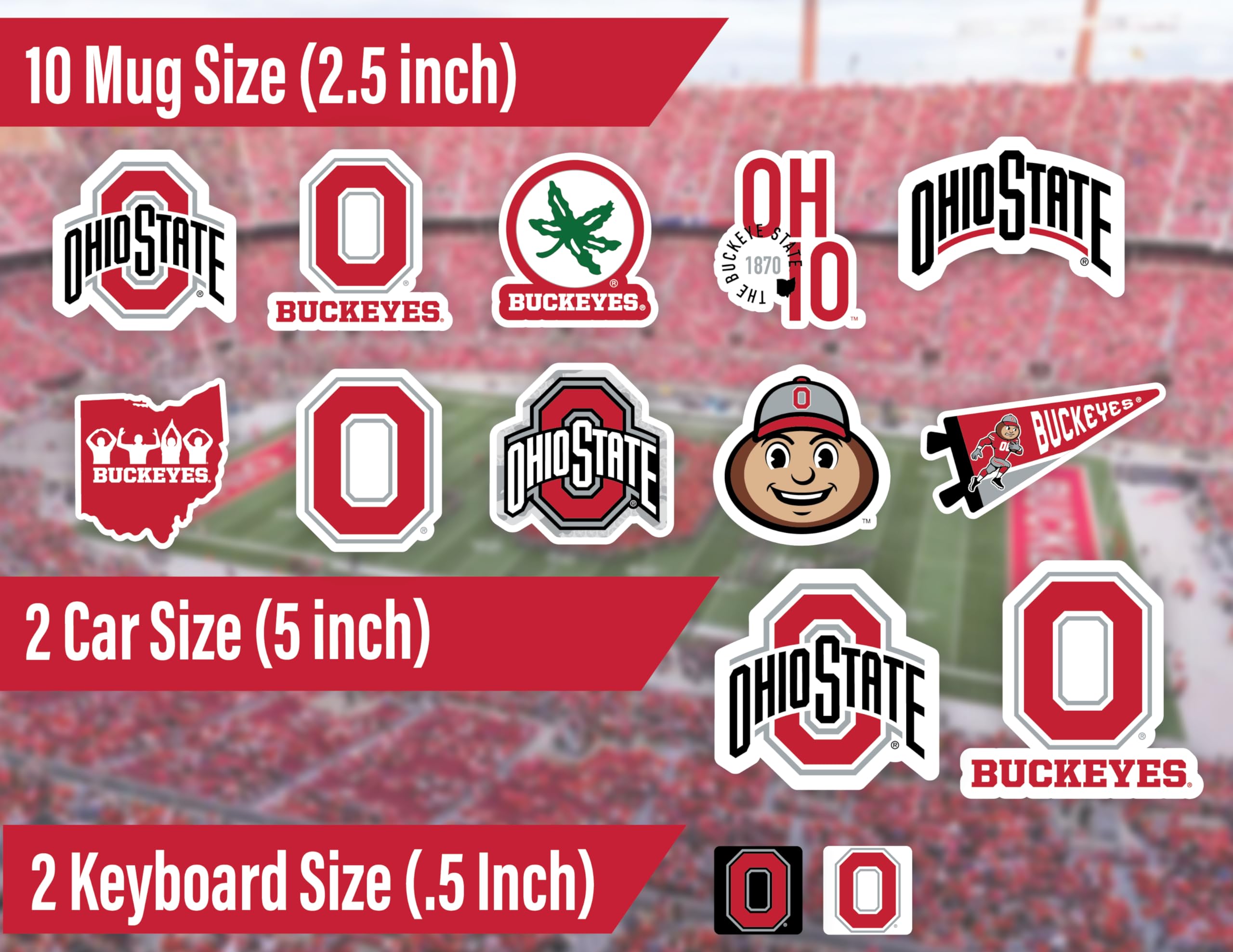 PartyKandy Ohio State Stickers Set - 14 Vinyl Stickers, 2 Large 5", 10 Medium 2.5", Team Colors - OSU Buckeyes Gift for Fans