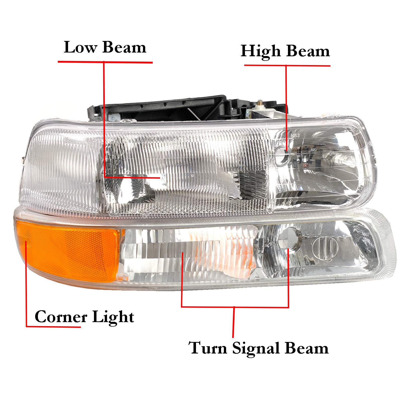 A&P 4PCS Headlight Assembly Chrome Housing Clear Lens For Chevy 00-06 Tahoe Suburban 1500 2500/99-02 Silverado 1500 2500/01-02 S