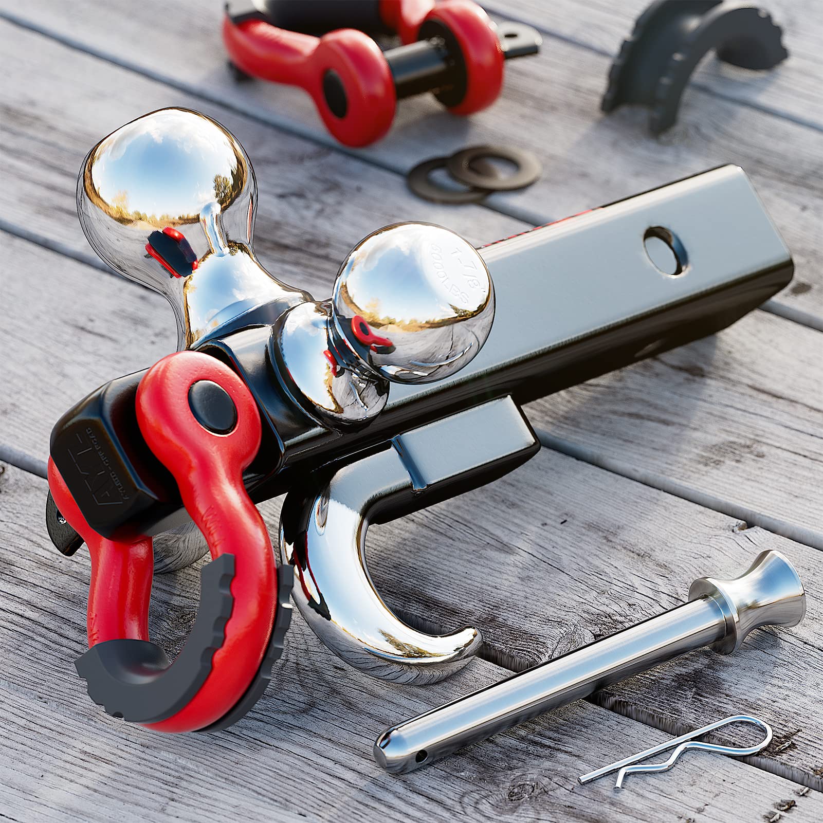 Ayleid Trailer Hitch Tri-Ball Mount With Hook&Pin&Rotatable Tow Shackle,Fits 2-In Receiver With 1-7/8-In,2-In,2-5/16-In Hitch Ball