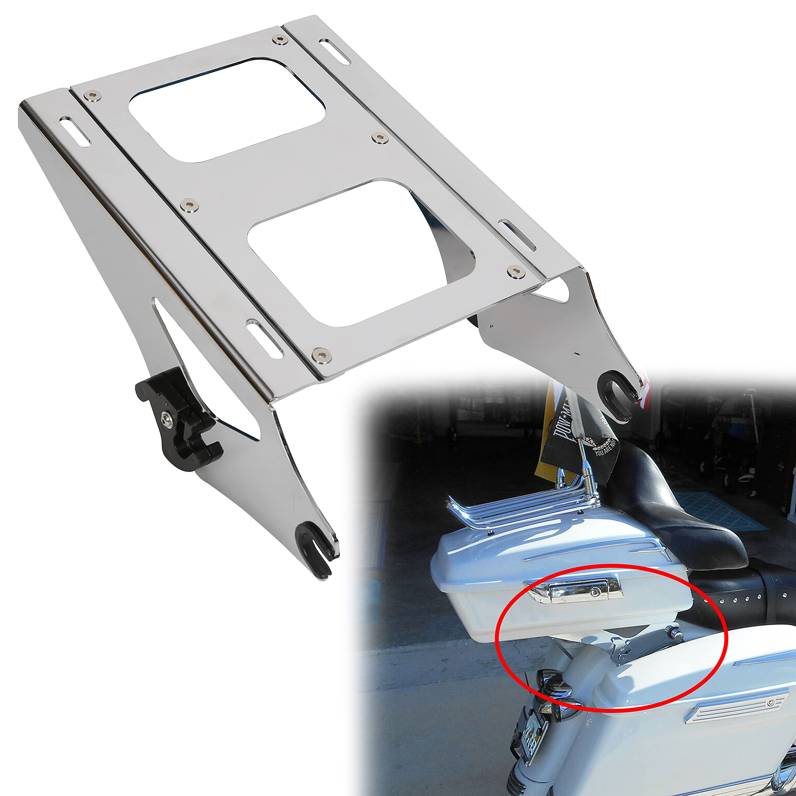 ECOTRIC Chrome Detachable 2 Two Up Tour Pak Pack Mounting Luggage Rack Compatible with 2014-2023 Harley Davidson Touring Road Ki