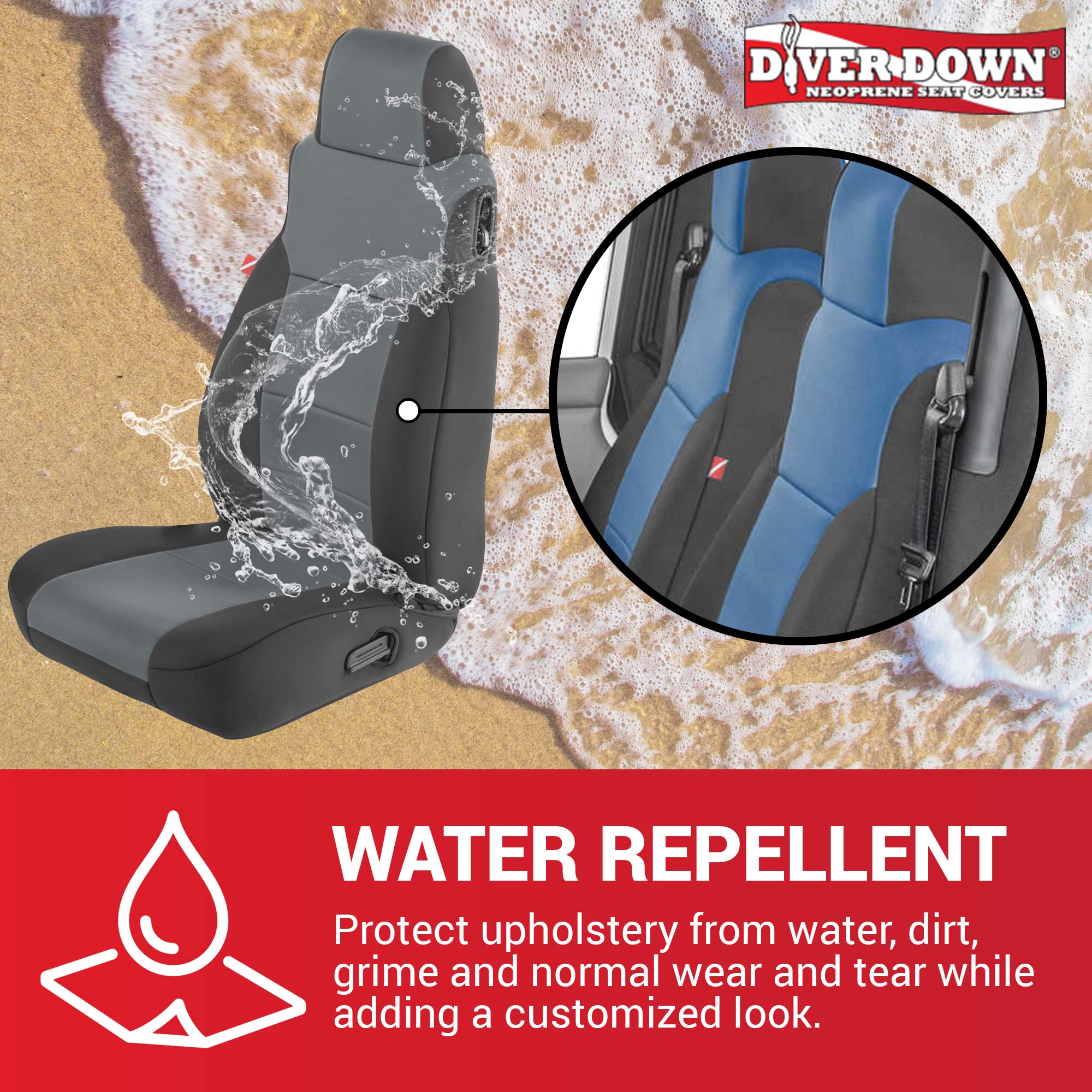 Diver Down Neoprene Seat Cover Set for Jeep TJ 1997-2006 - Waterproof, Thermal Resistant, Soft Padded, Blue