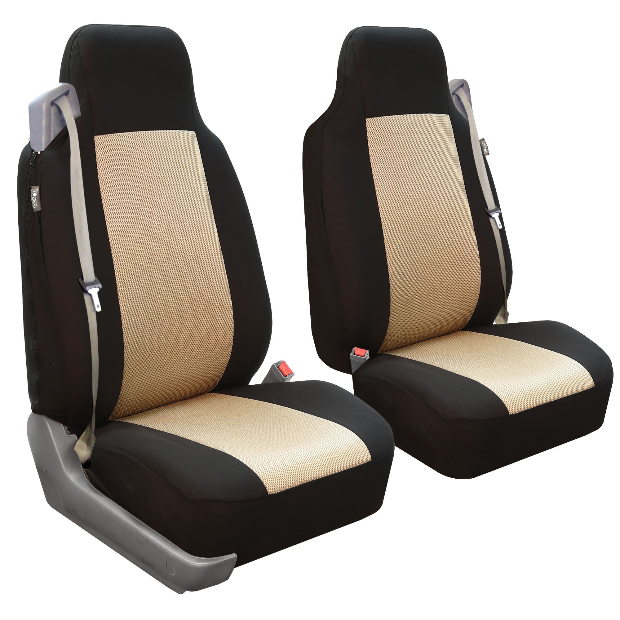 Fh Group Fh-Fb302114 All Purpose Flat Cloth Car Seat Covers Beige/Black Color With F11306 Vinyl Floor Mats, Beige/Black Color -